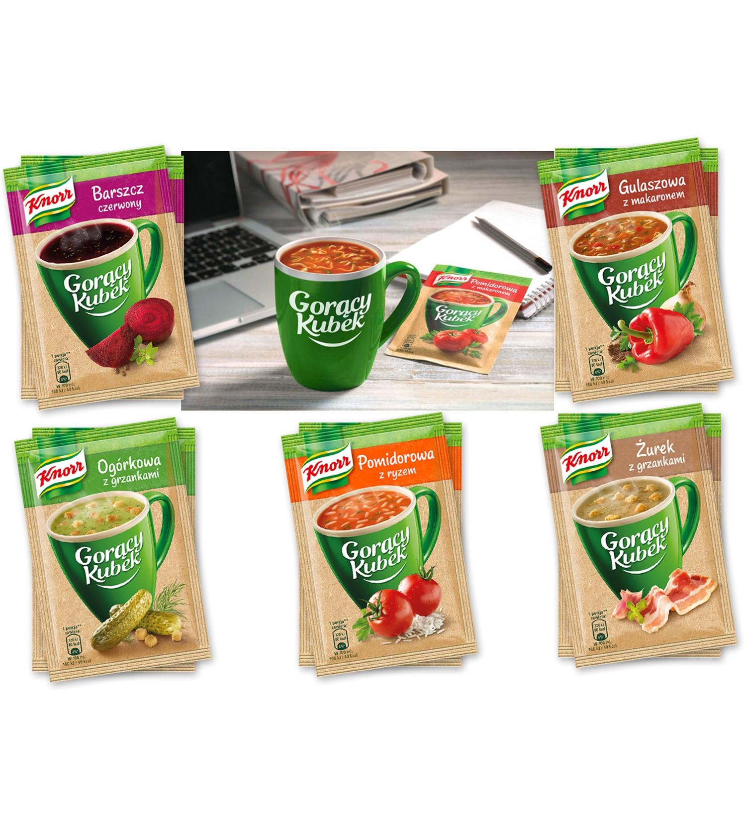 Polish Hamper Bag Cellophane Bag KNORR Gor cy Kubek Hot Cup Instant Soup with noodles or croutons 5 x 15g assorted flavours tomato soup goulash soup forest mushroom soup zurek cucumber soup  - Buy Online on GoSupps.com