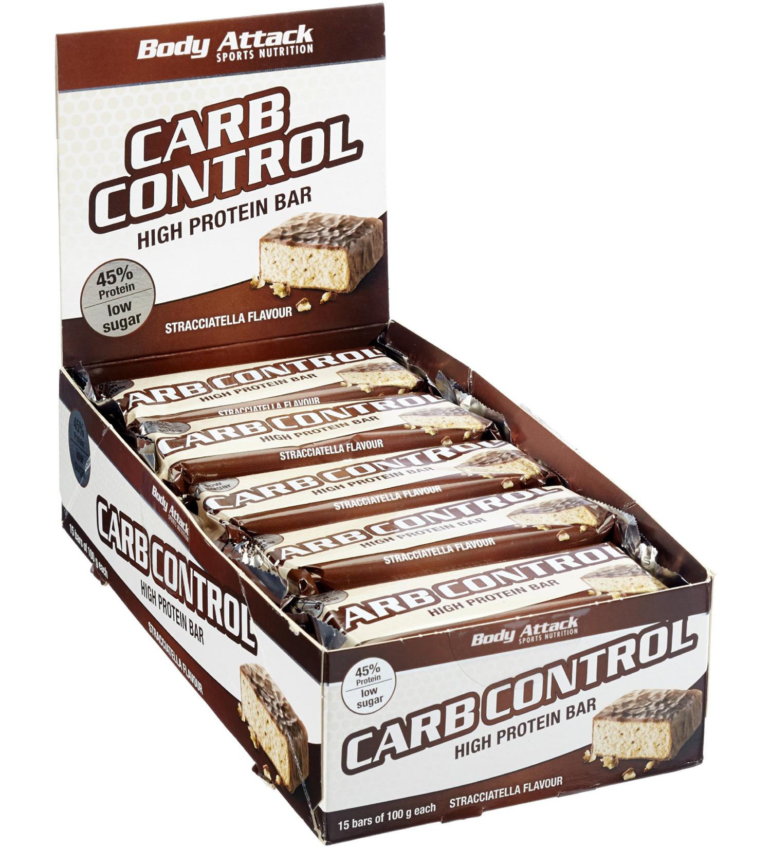 Body Attack Carb Control Protein Bar Straciatella - 10 x 100g | High Protein Snack | 15 Pieces - 1.5kg Pack | International Shipping Available - Buy Online on GoSupps.com