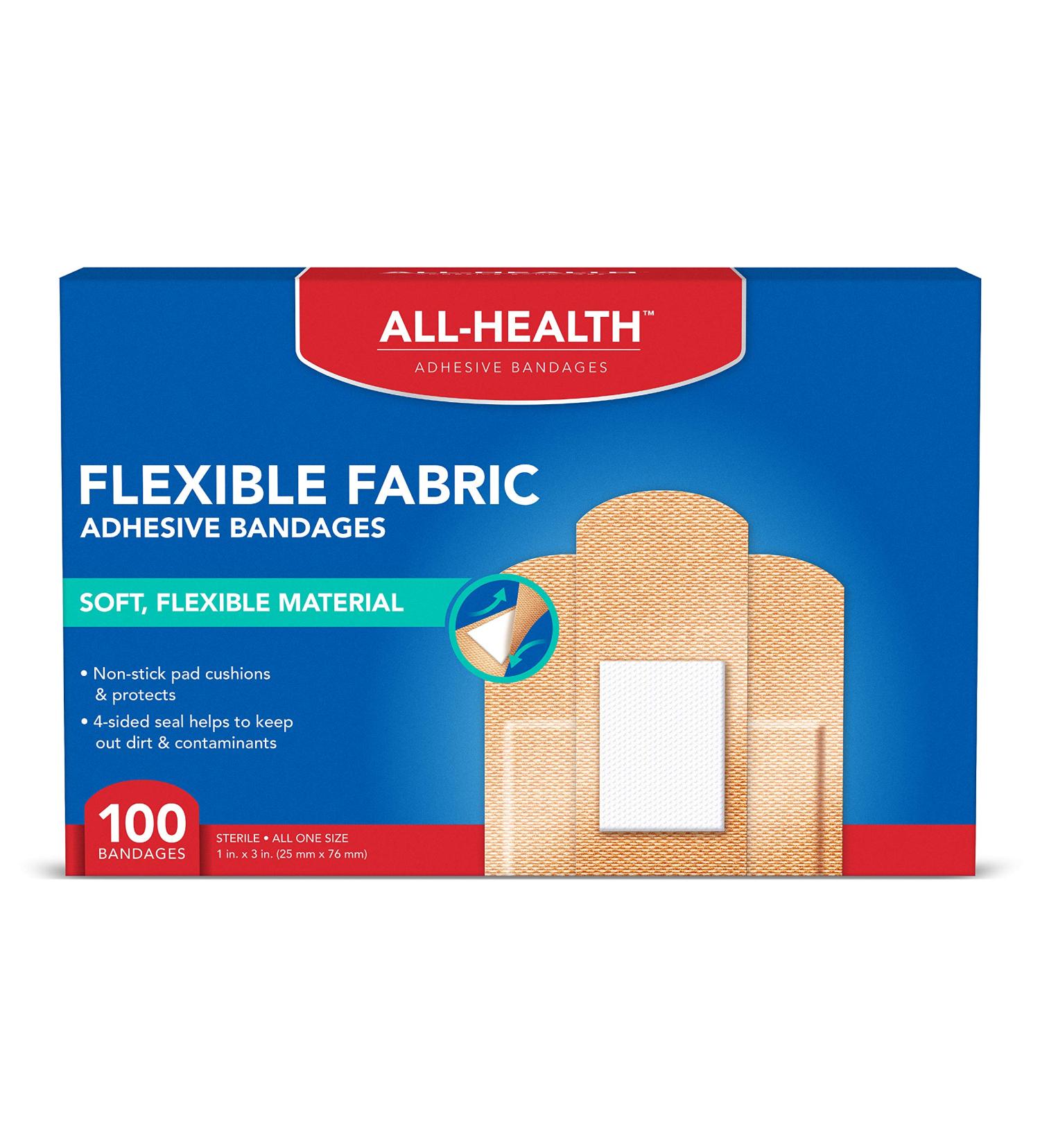100 Ct All Health Flexible Fabric Adhesive Bandages 1x3 in - Flexible Protection for First Aid and Wound Care - Buy Online on GoSupps.com