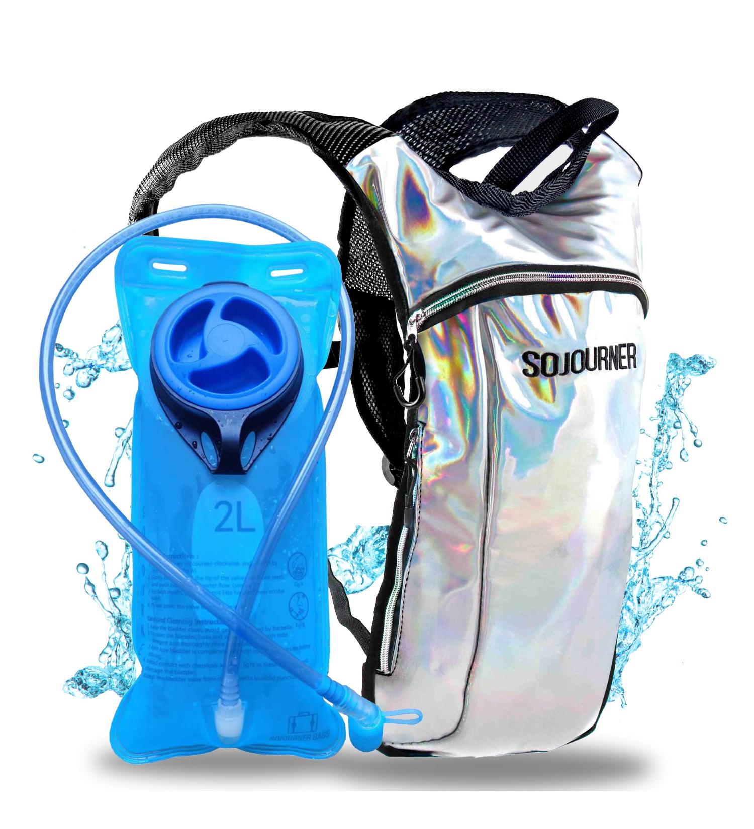 Sojourner Hydration Pack - 2L Hydration Bladder for Festival, Hiking, Biking - Silver Holographic - Buy Online on GoSupps.com
