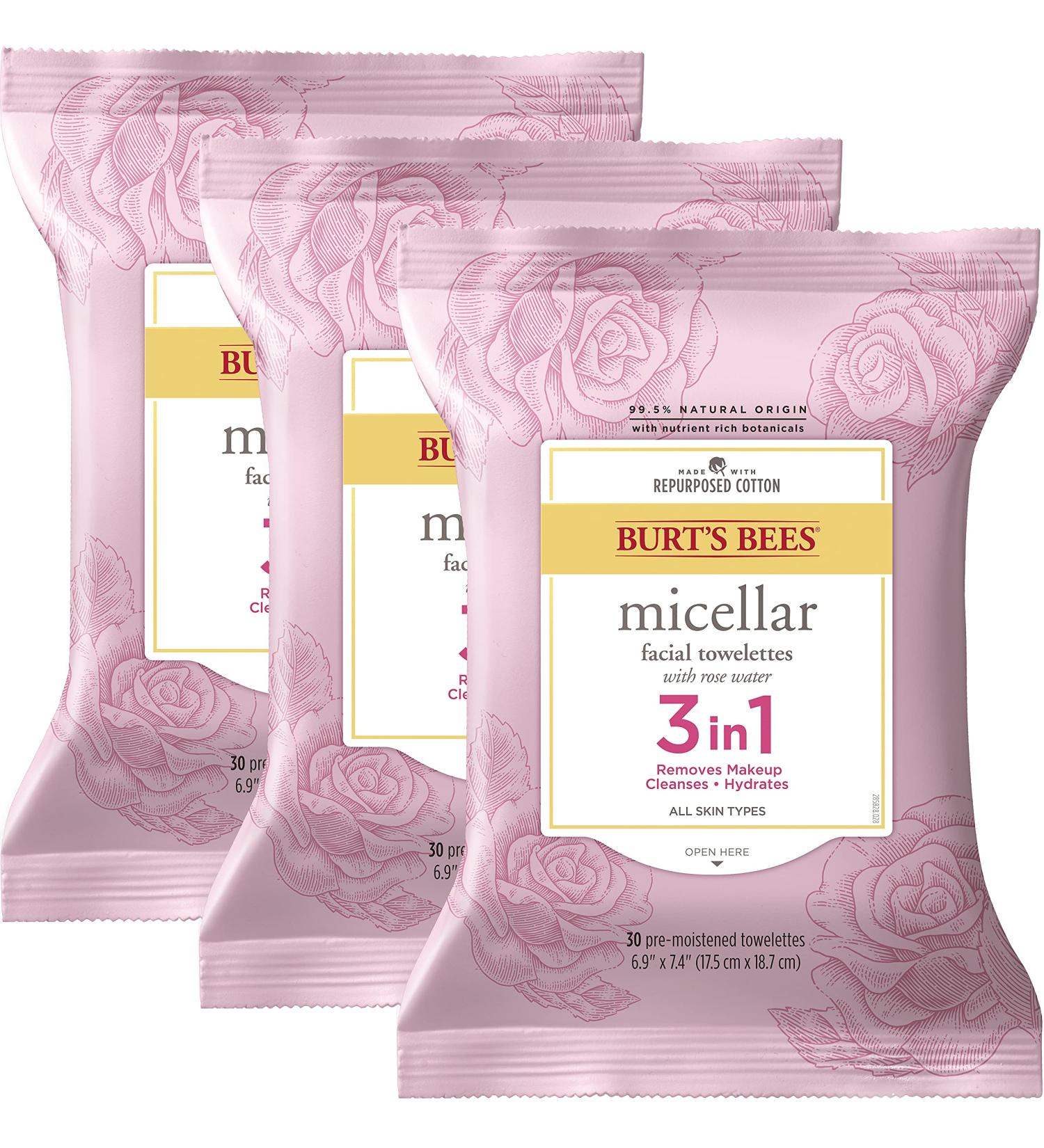 Burt's Bees 3-in-1 Hydrating Micellar Cleansing Towelettes with Rose Water - 30 Count (Pack of 3) | For All Skin Types - Buy Online on GoSupps.com