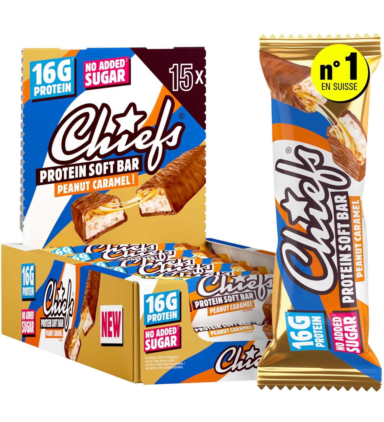 CHIEFS Barre Prot in e Soft - 16g Haute Prot ine Sans Sucre Ajout Sans Huile de Palme Soft Bar Peanut Caramel - 15 x 55g - Buy Online on GoSupps.com