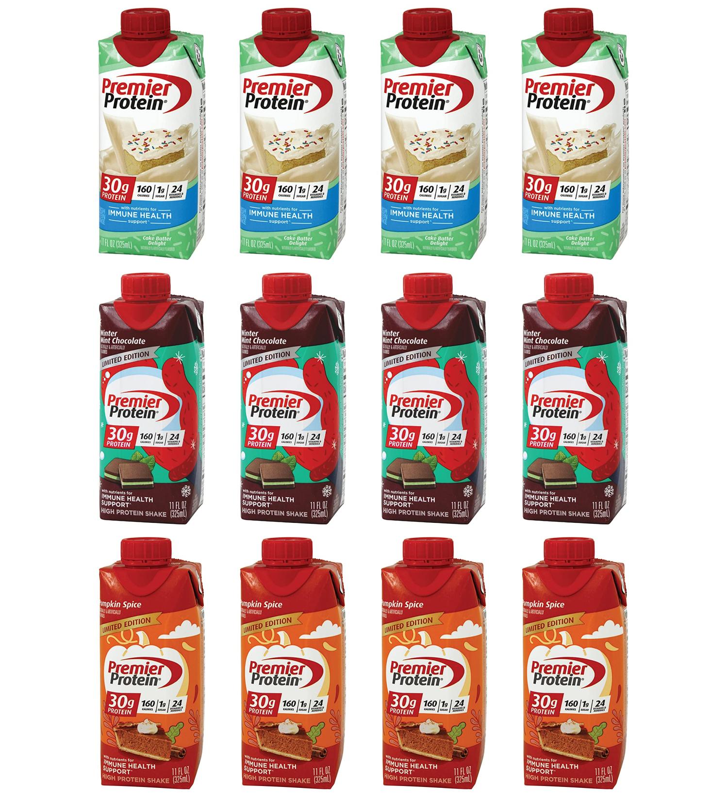 Premier Protein Limited Edition Winter Special Shake Variety Pack | Winter Mint Chocolate, Pumpkin Spice, Cake Batter Delight | 30g Protein, Low Fat & Sugar | 12-pack 11oz RTD Shakes - Buy Online on GoSupps.com