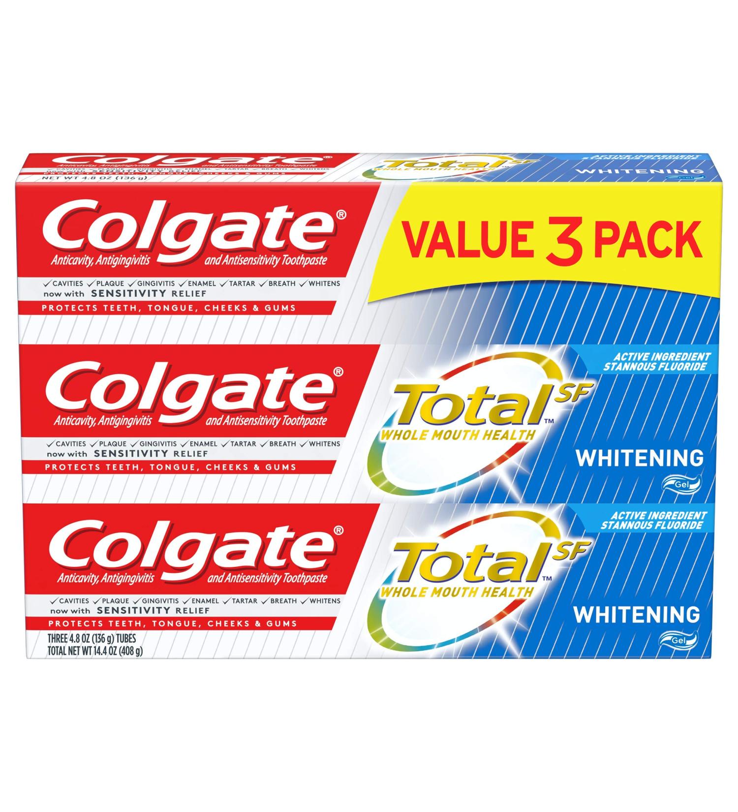 Colgate Total Whitening Toothpaste Gel - 4.8 oz (3 Pack) & 2.4 oz (Pack of 6) - Best Price & Fast International Shipping - Buy Online on GoSupps.com