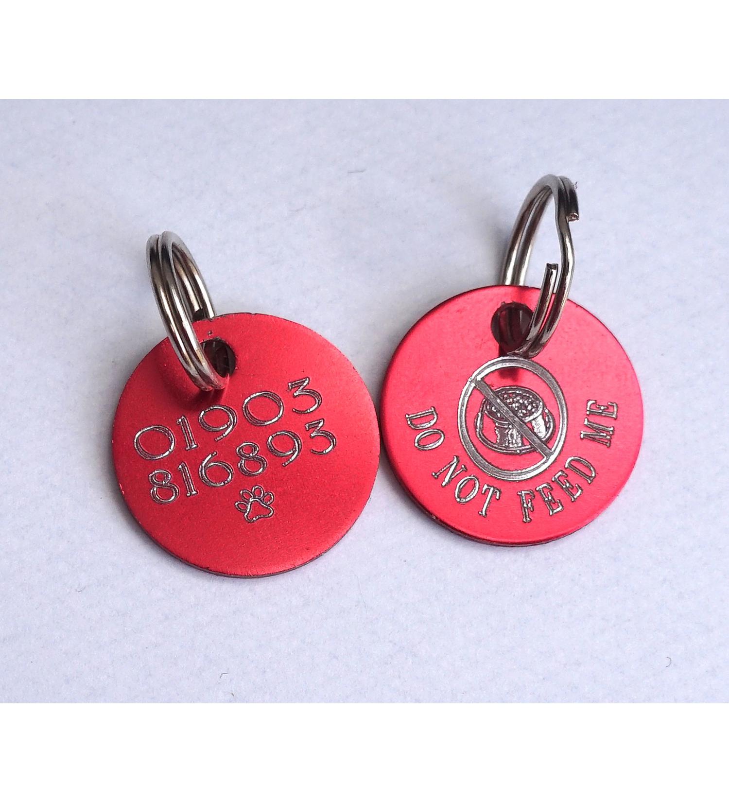 Paradise Pets DO NOT FEED CAT SAFETY ID TAG PERSONALISED ON REVERSE WITH YOUR CHOICE OF TEXT - RED WITH FOOD BOWL MOTIF