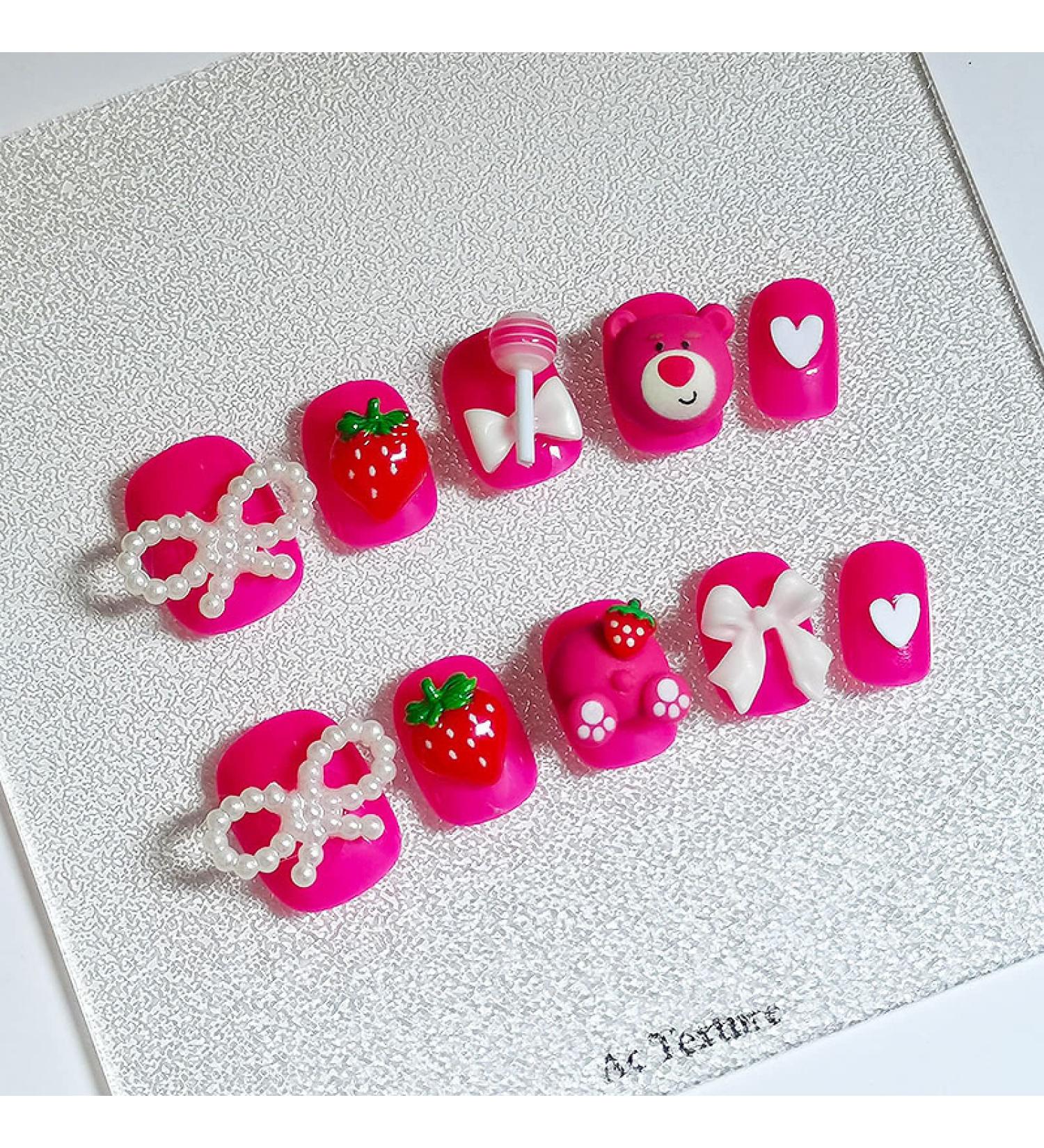 Black Flame Love Heart Bow with Diamond Shining Pearl Cute Cat 24pc False Nails Wearable Fake Nails Set Press On Nail with Glue SZX-14