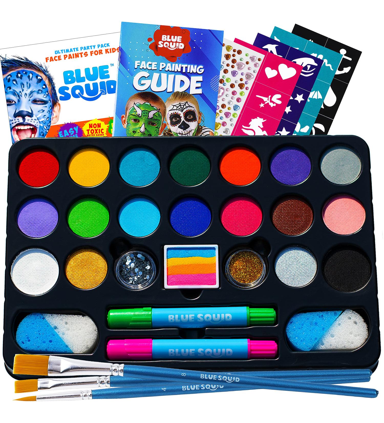 Blue Squid Face Painting Kit for Kids - 22 Color 160pcs with Stencils & Book | Non-Toxic Halloween Makeup | Professional Face Paint Set - Buy Online on GoSupps.com