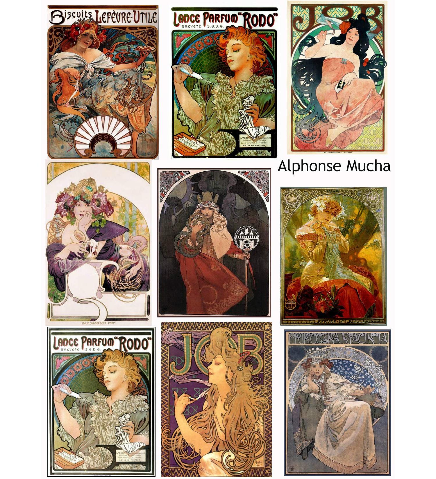 Vintage Printed Alphonse Mucha Reproduction Cards Collage Sheet #106 Scrapbooking, Decoupage, Labels