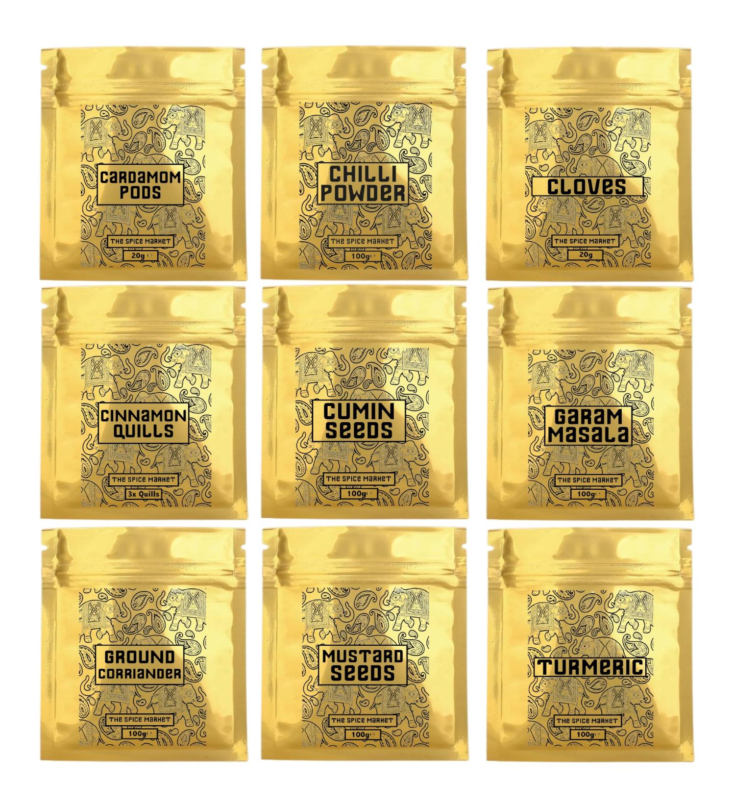 9 Authentic Golden Indian Spices Curry Luxury Set - 9 Spices for Cooking Gifts Resealable Bags Tandoori Turmeric Garam Masala Chilli Powder Indian Curries - Buy Online on GoSupps.com