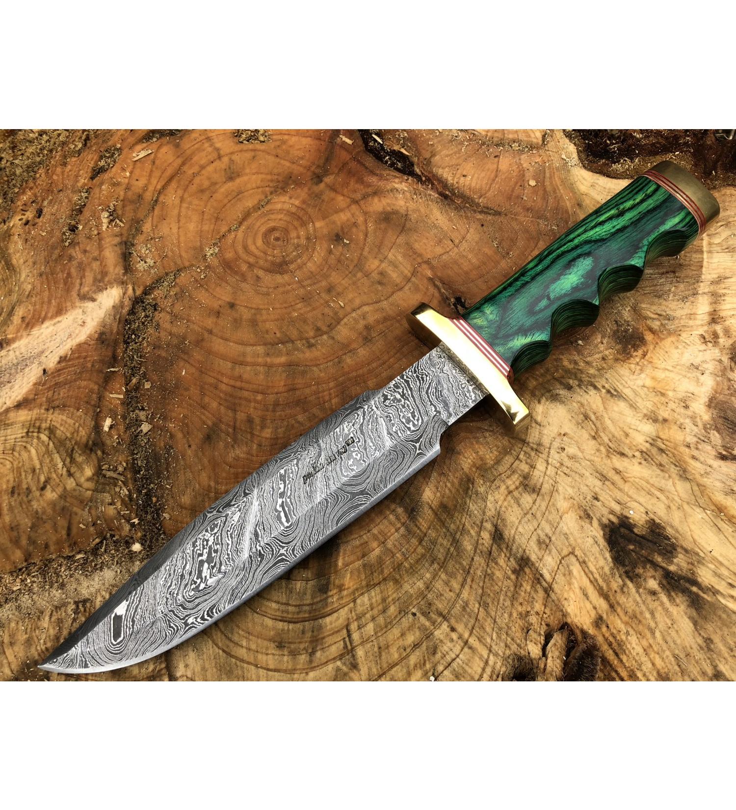 Perkin Knives Damascus Hunting Knife with Sheath - Premium Bowie Knife with Green Wooden Handle & Brass Accents - International Shipping Available - Buy Online on GoSupps.com