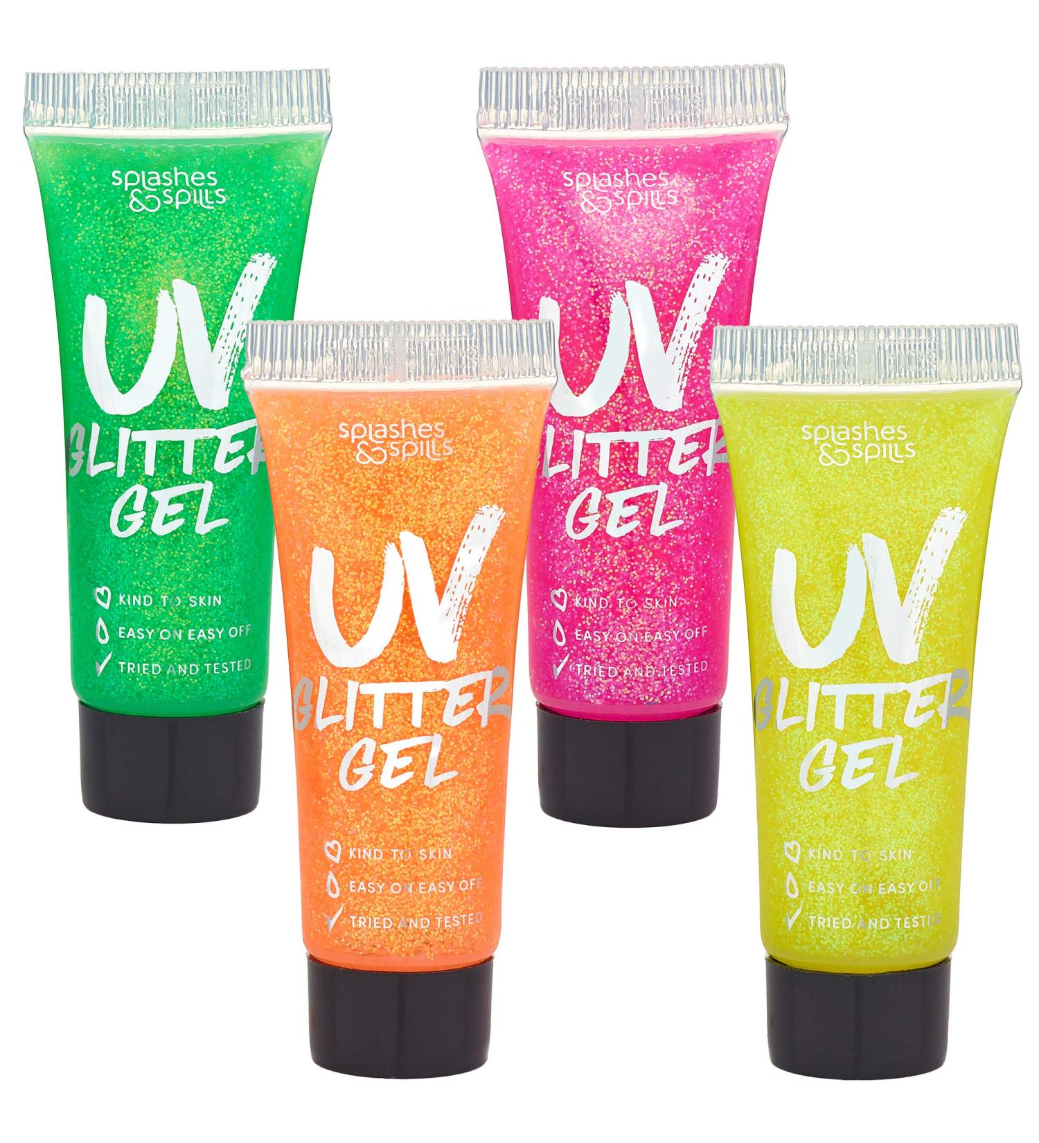 UV Glitter Body Paint Gel Set - 4 Colors - 10ml Tubes - Glowing Effect - For Girls, Women, Adults - Dress Up, Festival, Halloween - by Splashes and Spills - Buy Online on GoSupps.com