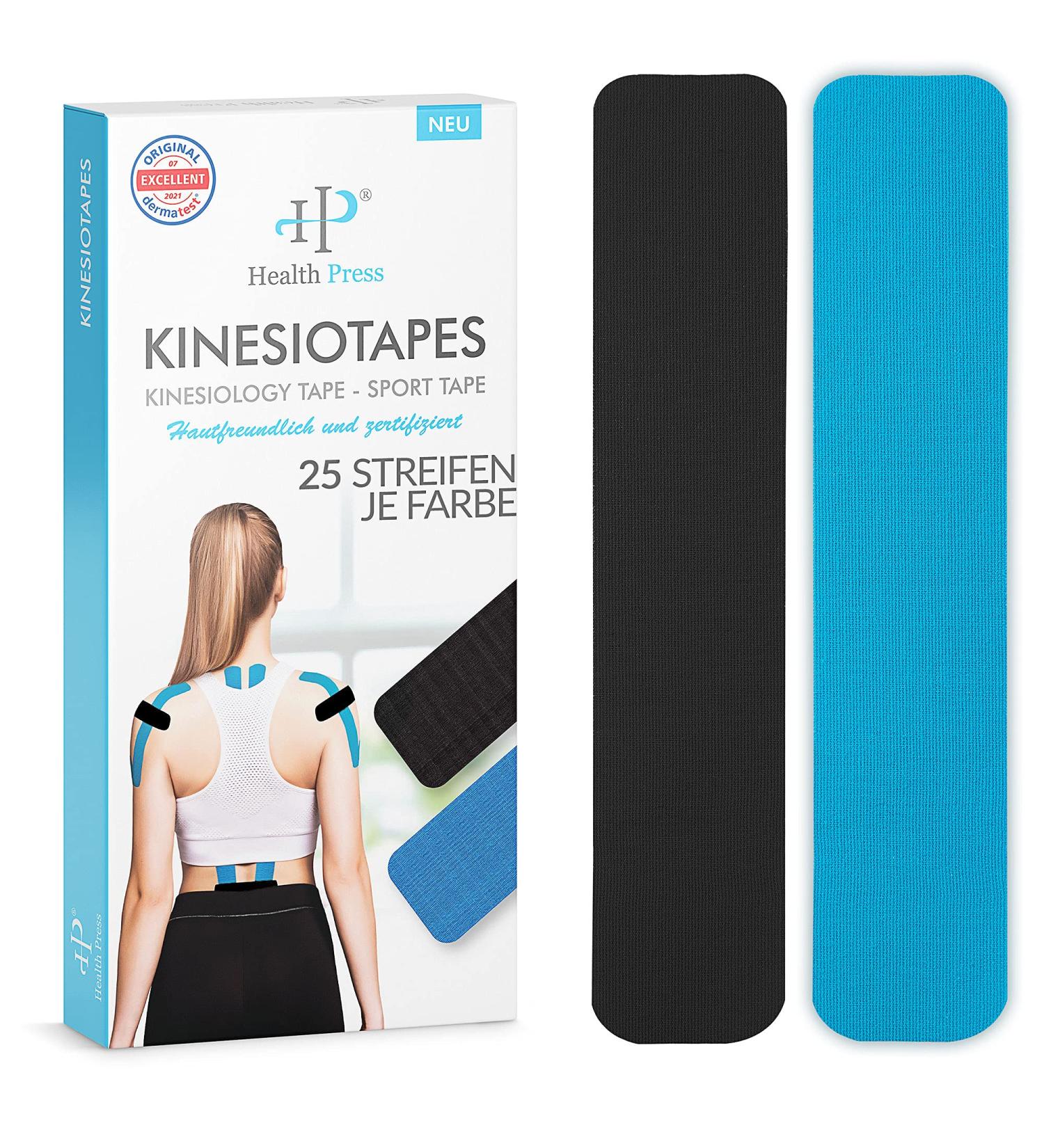 Buy Health Press Kinesiotapes - 50 Precut Blue & Black Kinesiology Tape Stripes (25cm x 5cm) | Professional Skin-Friendly Physio & Sports Tape - Dermatest Approved - Buy Online on GoSupps.com