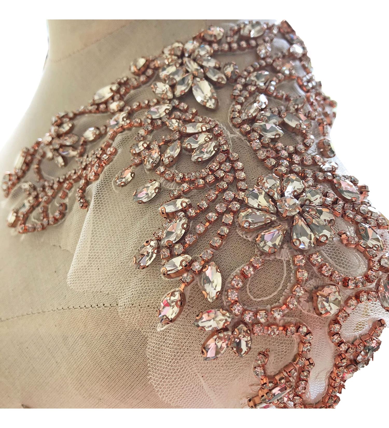 Sparkle Rhinestone Applique Beaded Patch for Wedding Dress - Rose Gold Crystal Neckline Accessory - Buy Online on GoSupps.com