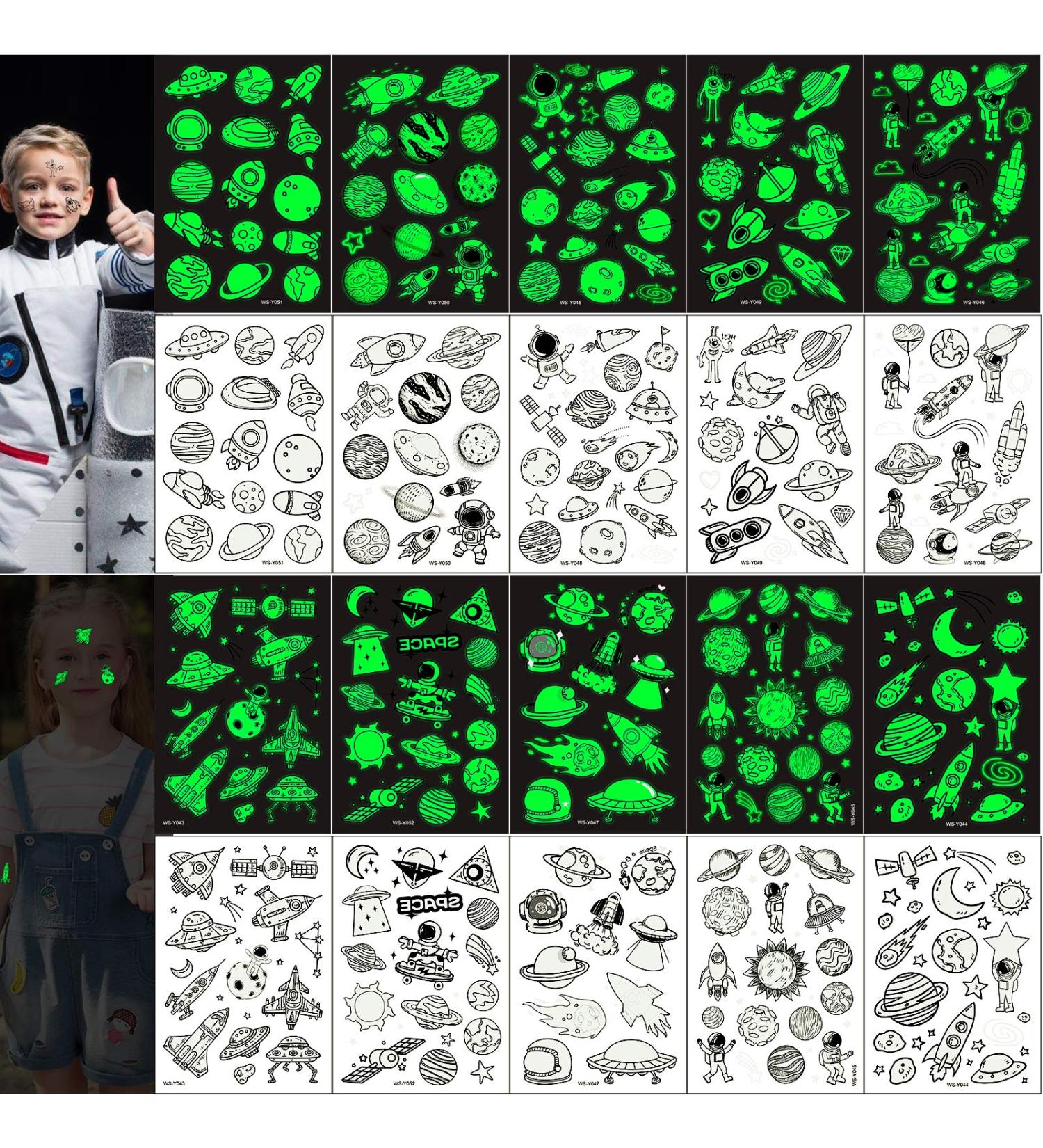 Konsait 140pcs Glow in The Dark Space Temporary Tattoos - Solar System Universe Outer Space UFO Designs for Kids, Birthday Party Favor - Buy Online on GoSupps.com