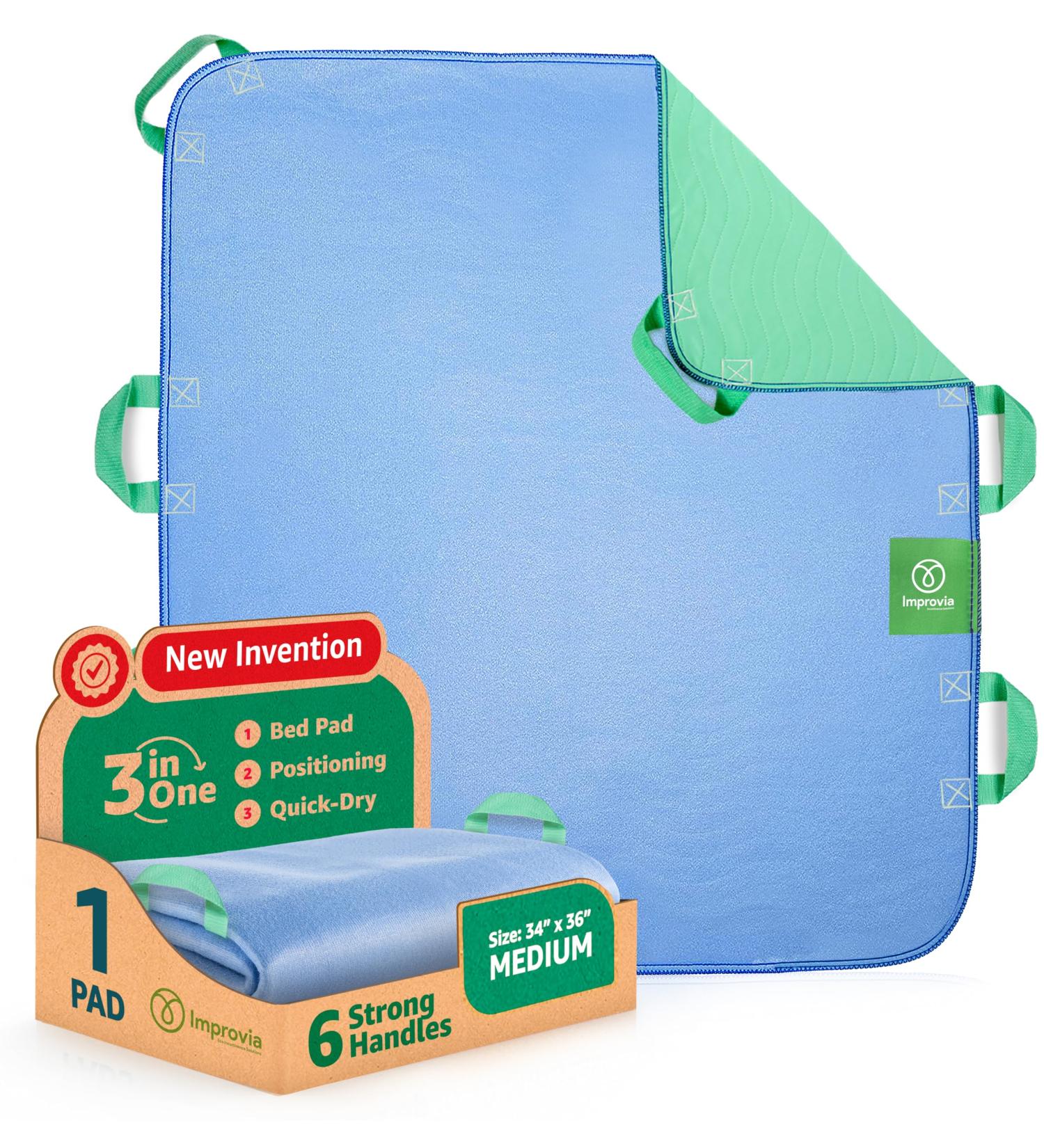 Improvia Fast Drying Bed Pad with Handles - Washable Waterproof Incontinence Inlays for Elderly & Bedridden - 34x36 Inches 6 Handles - Buy Online on GoSupps.com