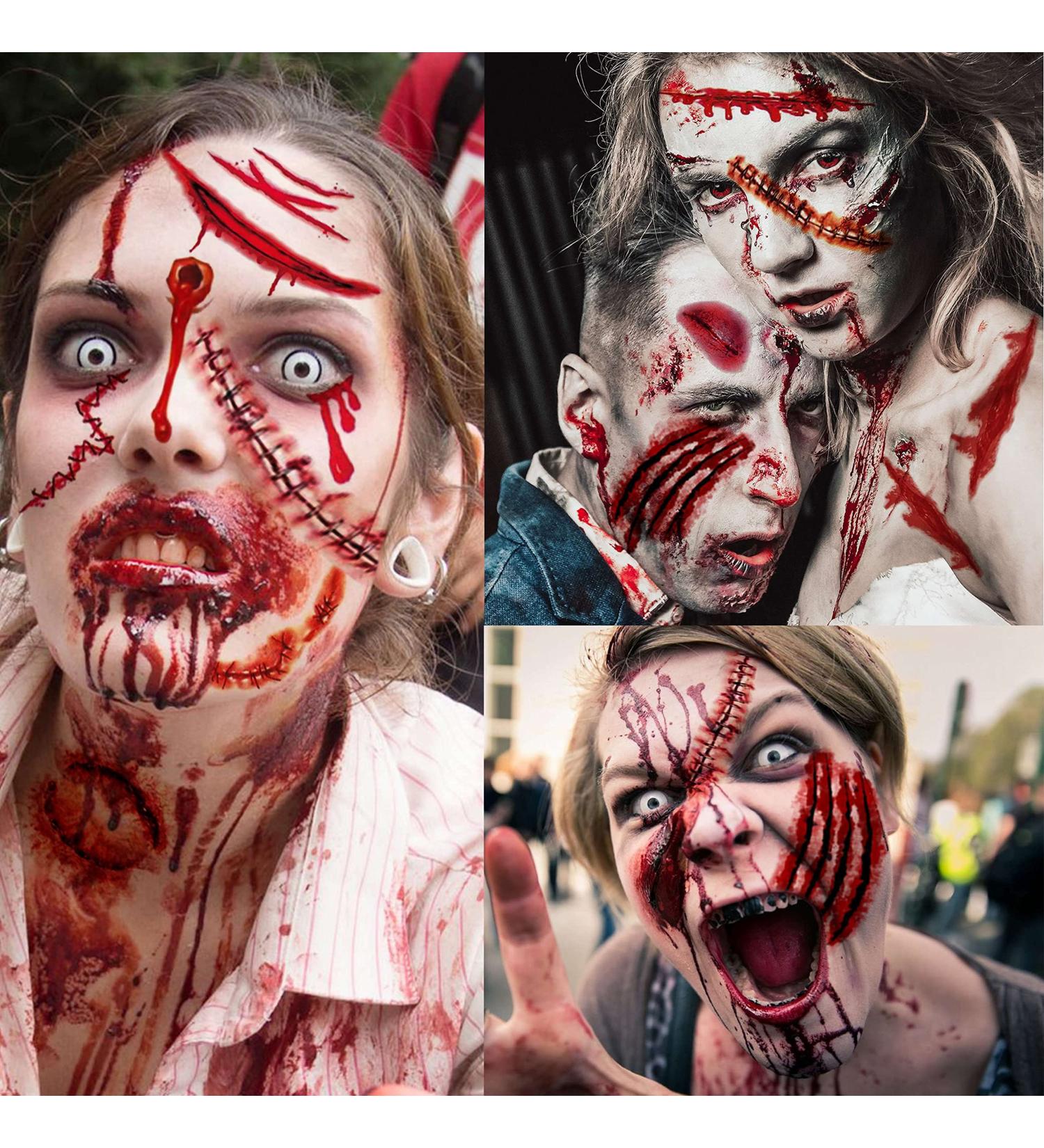 VANTATY Halloween Fake Scars Tattoo Kit - 215+ PCS, 30 Sheets, 3D Temporary Makeup for Adults and Kids - Zombie, Stitches, Blood, Wound Designs - Buy Online on GoSupps.com