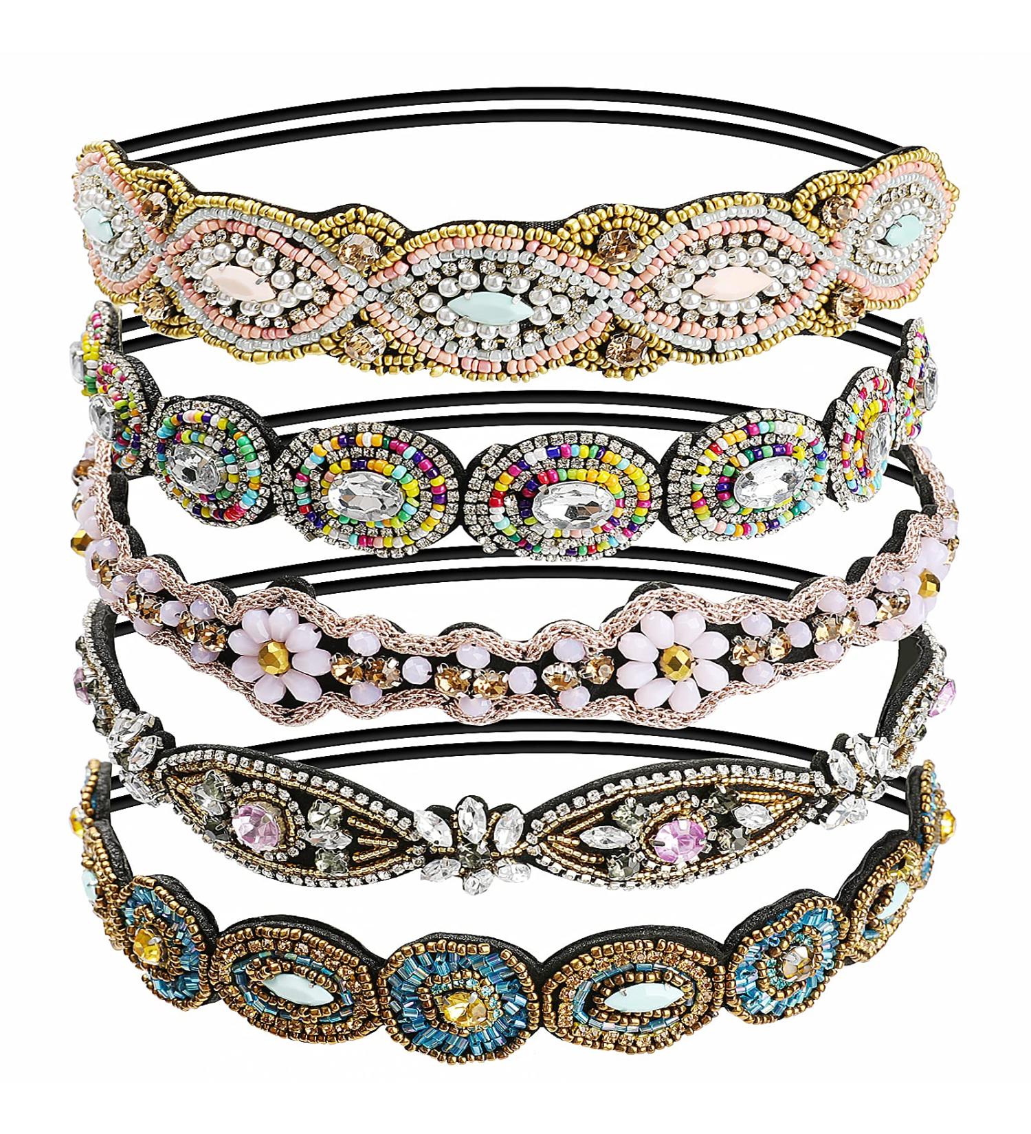 Beaded Rhinestone Headband Set - 5 Pcs Fashionable Crystal Hair Accessories for Women and Girls - Buy Online on GoSupps.com