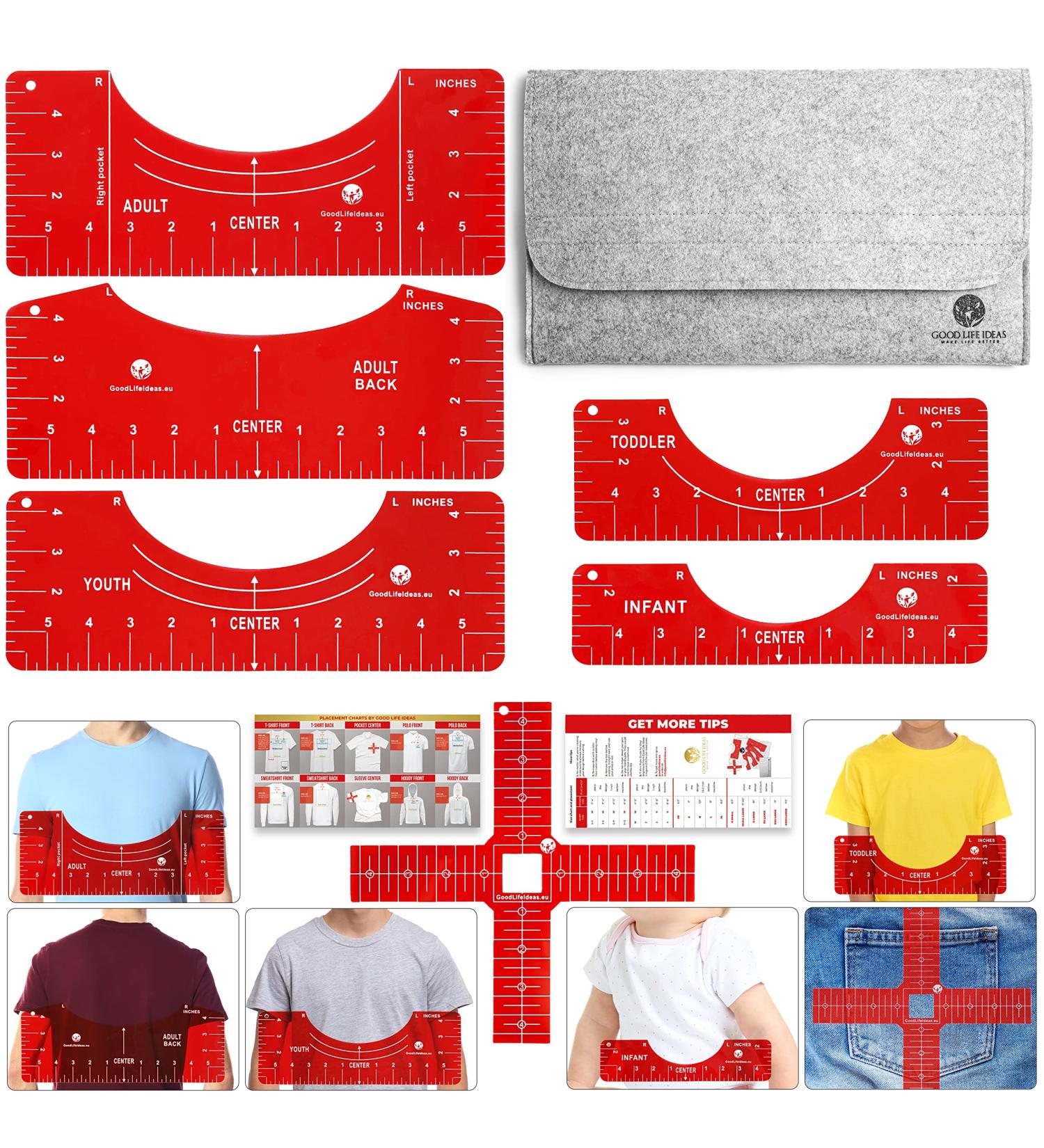 Good Life Ideas Tshirt Ruler Guide for Vinyl Alignment - T-Shirt Measurement Tool Heat Press - Easy Tee Centering Kit - 7pcs Red Gray White Black - 12 Large - Buy Online on GoSupps.com
