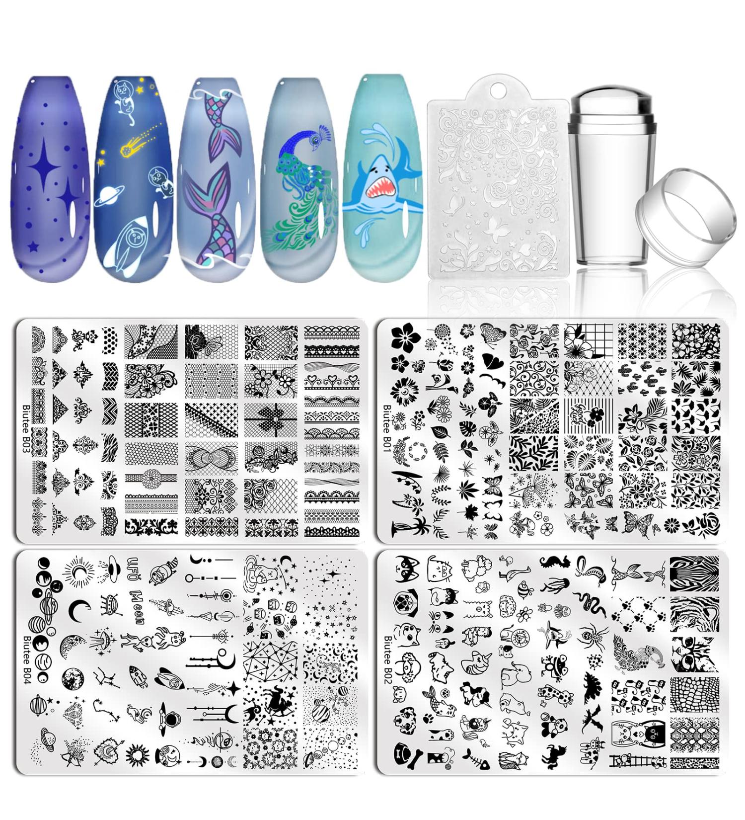 Biutee 4PCS Nail Stamping Plate Set with Stamper and Scraper - Starry Sky, Moon, Animal, Flower Patterns - Buy Online on GoSupps.com
