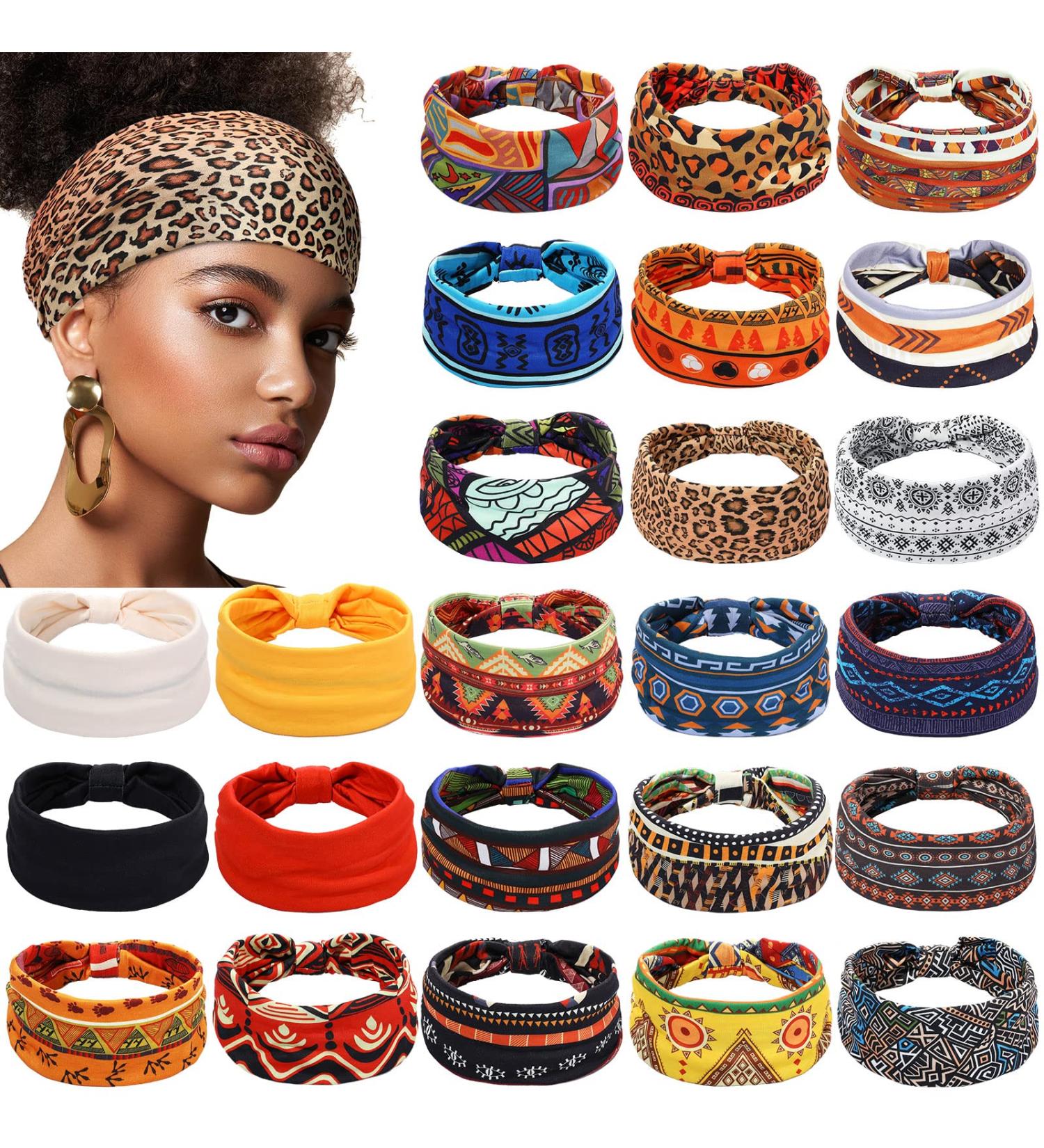 Cindeer 24 Pcs Boho African Headbands for Women Girls - Leopard Printed Wide Head Wraps for Workout and Yoga - Hair Accessories - Buy Online on GoSupps.com