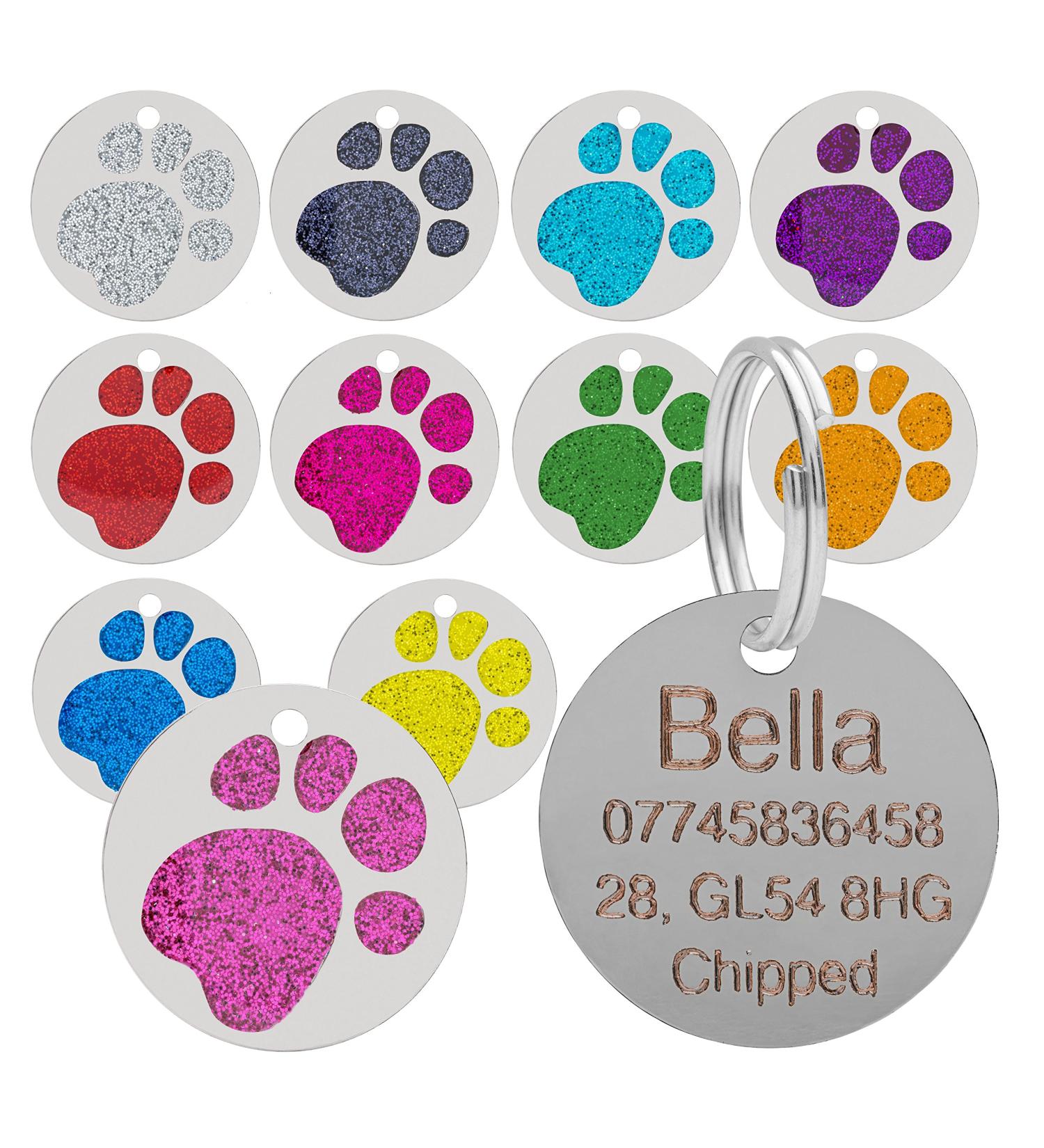 Quality Blue 25mm Glitter Paw Design Pet Id Tag Dog Cat Free Engraving and P&P