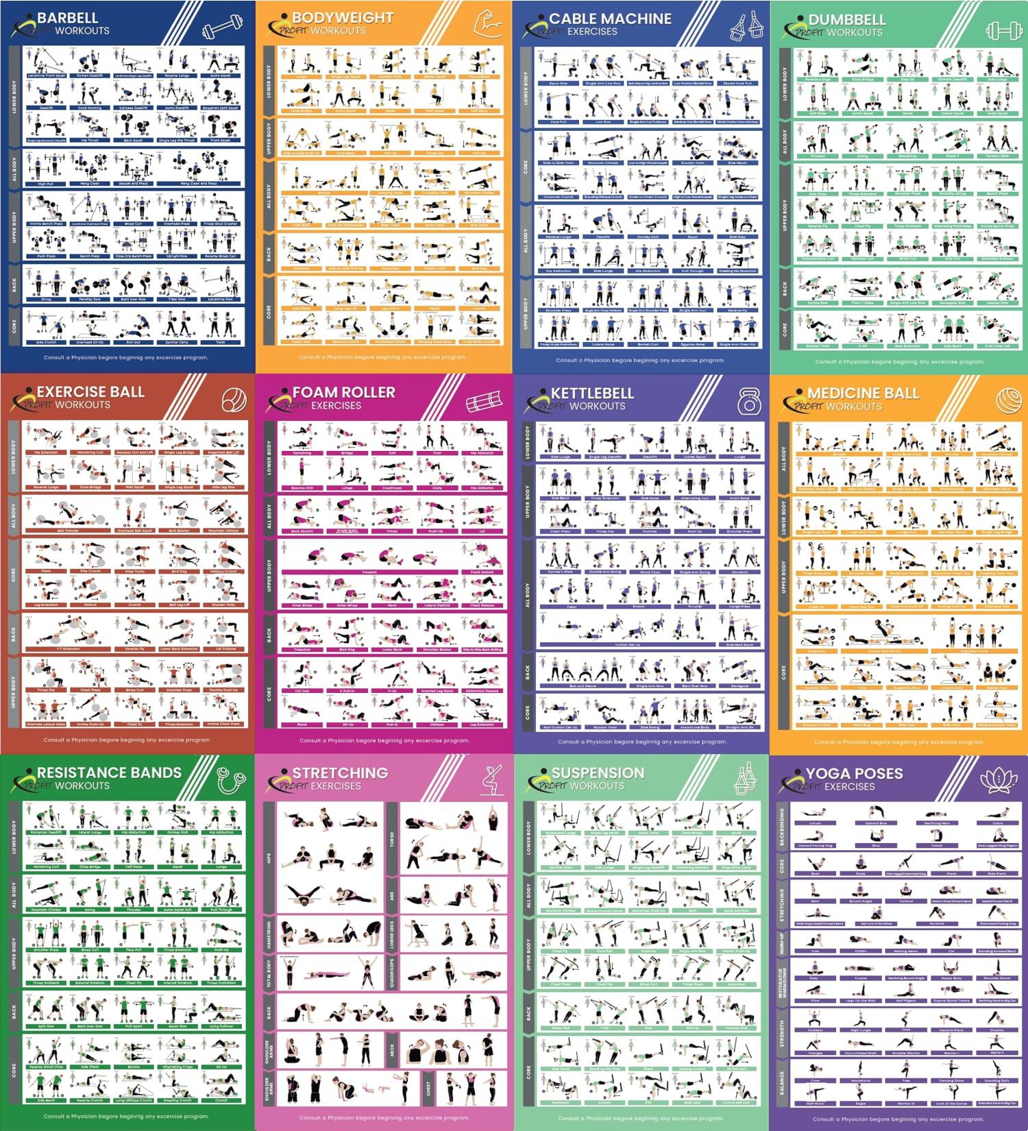 Optimal Home Fitness Studio: 12 Laminated Exercise Posters for Men & Women - Yoga Dumbbells & More - Buy Online on GoSupps.com