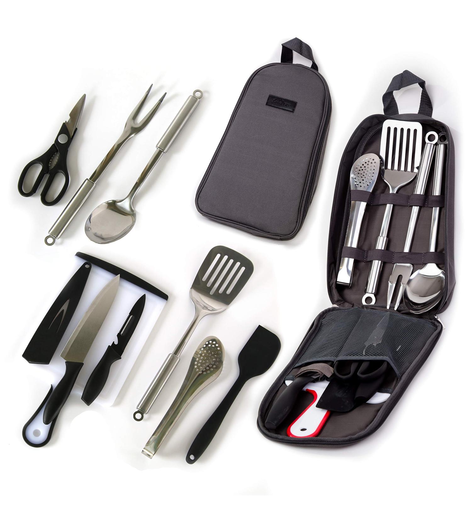 Outdoor Kitchen 10-Piece Cookware Set - Camping & RV Cooking Utensils in Compact Case - Stainless Steel Fork, Spoon, Knife & More - Grey - Buy Online on GoSupps.com