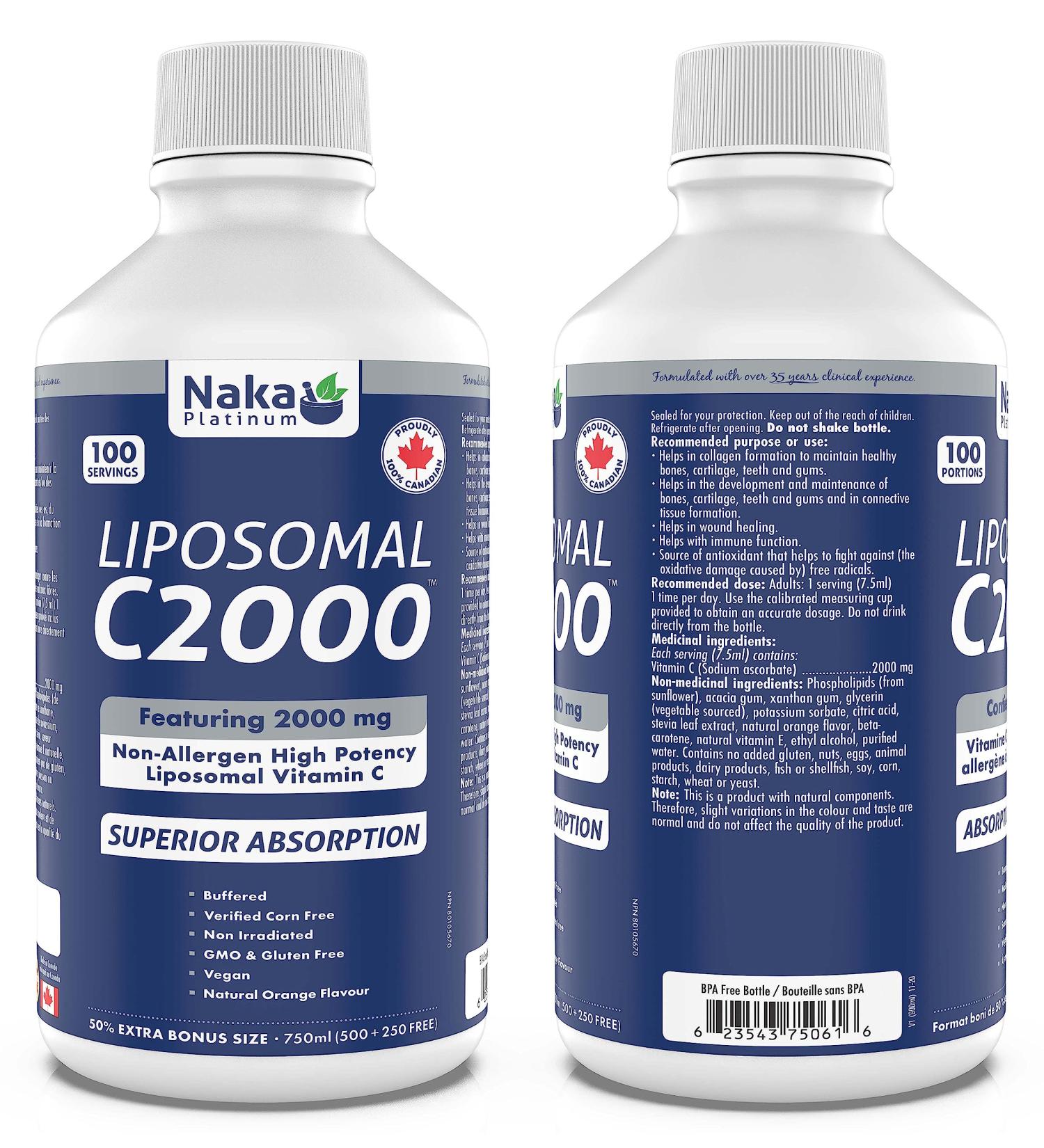 Naka Platinum LIPOSOMAL C 2000 featuring 2000 mg Non-Allergic High Potency Liposomal Vitamin C (750 ml) - Buy Online on GoSupps.com