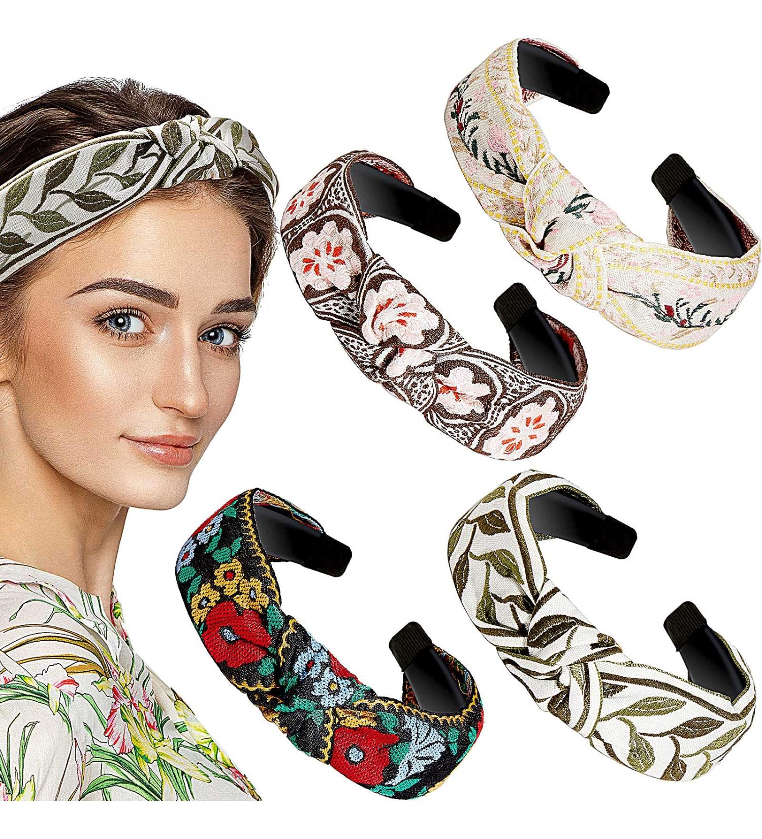 Chuangdi Boho Floral Wide Headband Set - Handmade Knot Embroidery Turban Headband for Women & Girls - Buy Online on GoSupps.com
