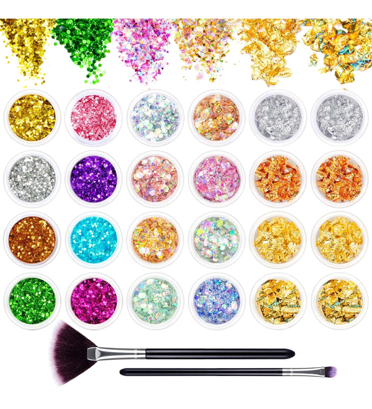 24 Colors Glitter Set with Gold Leaf & Glitter Powder | Nail Art Accessories for DIY Makeup & Body Design - Buy Online on GoSupps.com