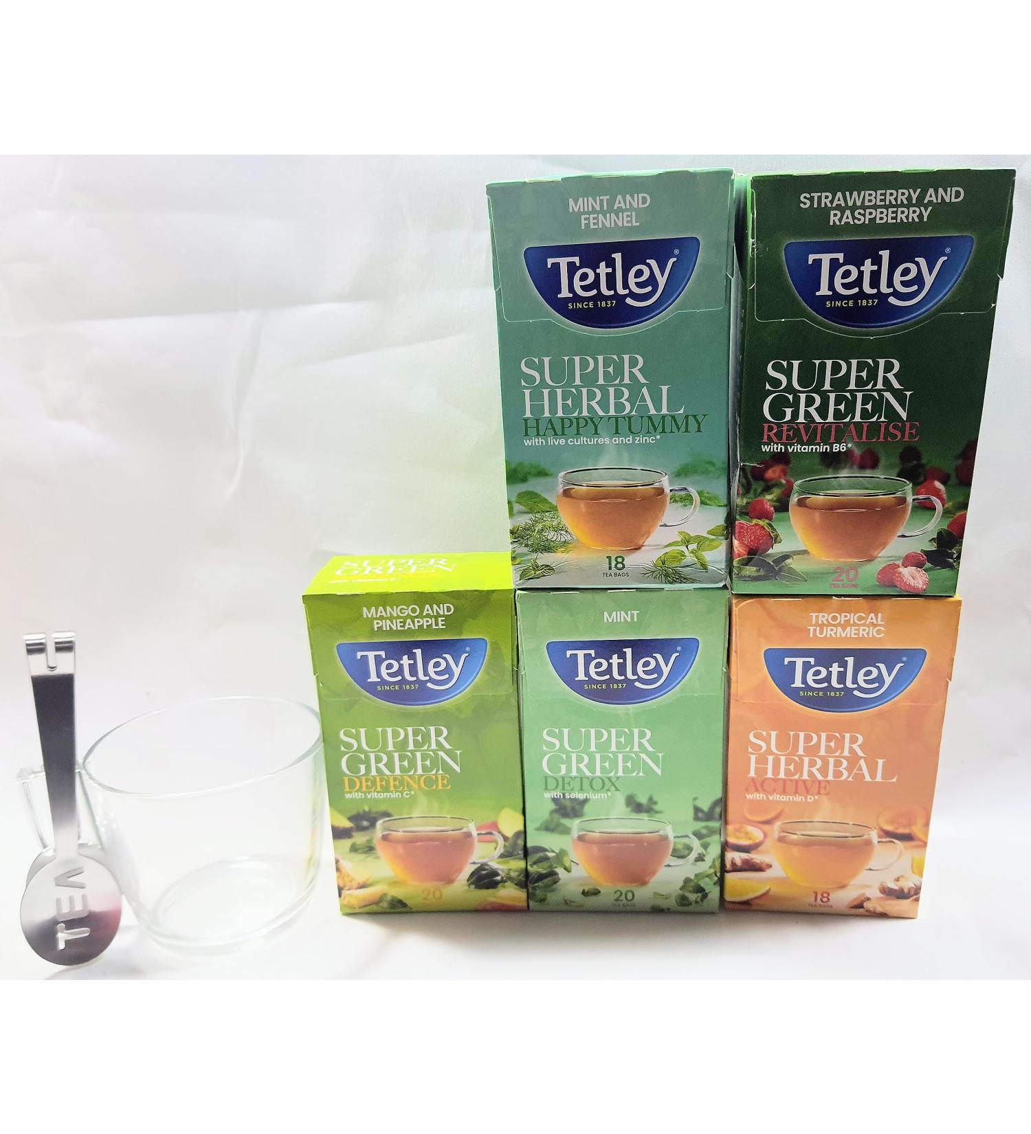 Tetley Super Green Tea Variety Selection - 5 Boxes, 100 Tea Bags with Glass Mug & Steel Squeezer - Buy Online on GoSupps.com