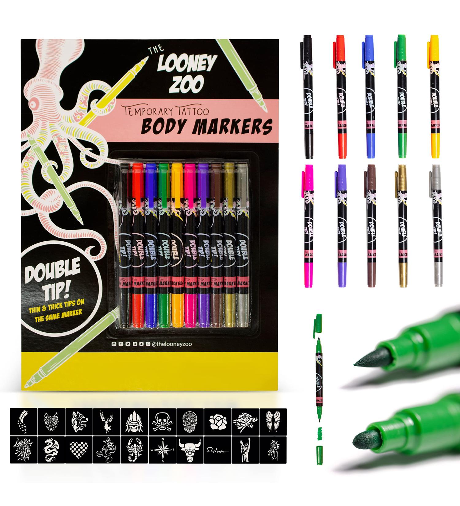 Looney Zoo Temporary Tattoo Markers for Skin - 10 Body Markers + 20 Stencils - Dual-End Pens for Bold and Fine Lines - Cosmetic-Grade Ink for Kids and Adults - Buy Online on GoSupps.com