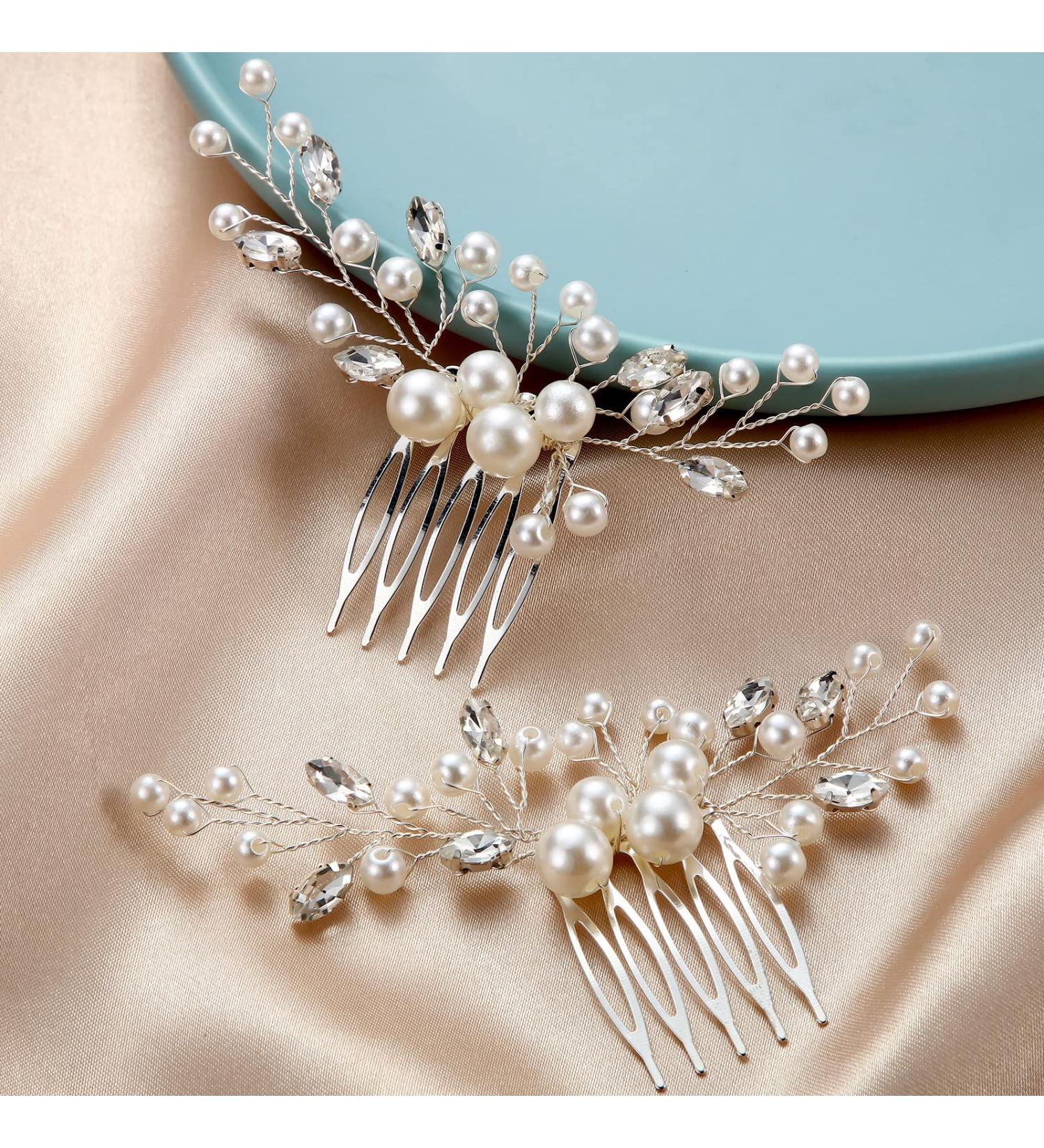 Wedding Pearl Crystal Headpiece Comb Set - Bridal Hair Accessories with Rhinestone Accents - Buy Online on GoSupps.com