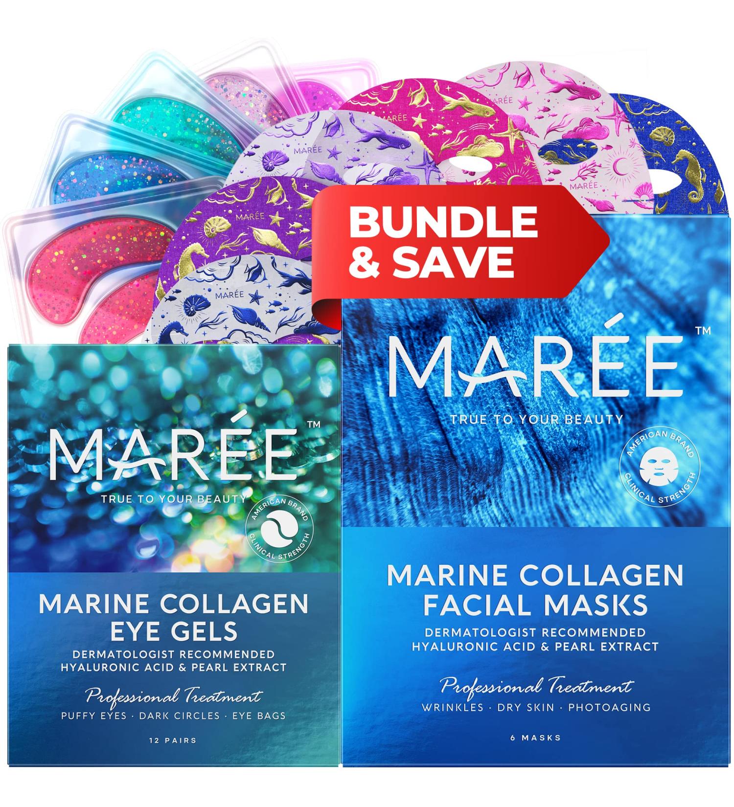 MAREE Pearl Eye Masks & Facial Masks - Natural Marine Collagen Hyaluronic Acid Anti-Aging Treatment - Reduces Wrinkles, Puffy Eyes, Dark Circles, Dry Skin - 12 Eye Masks, 6 Face Masks - Buy Online on GoSupps.com