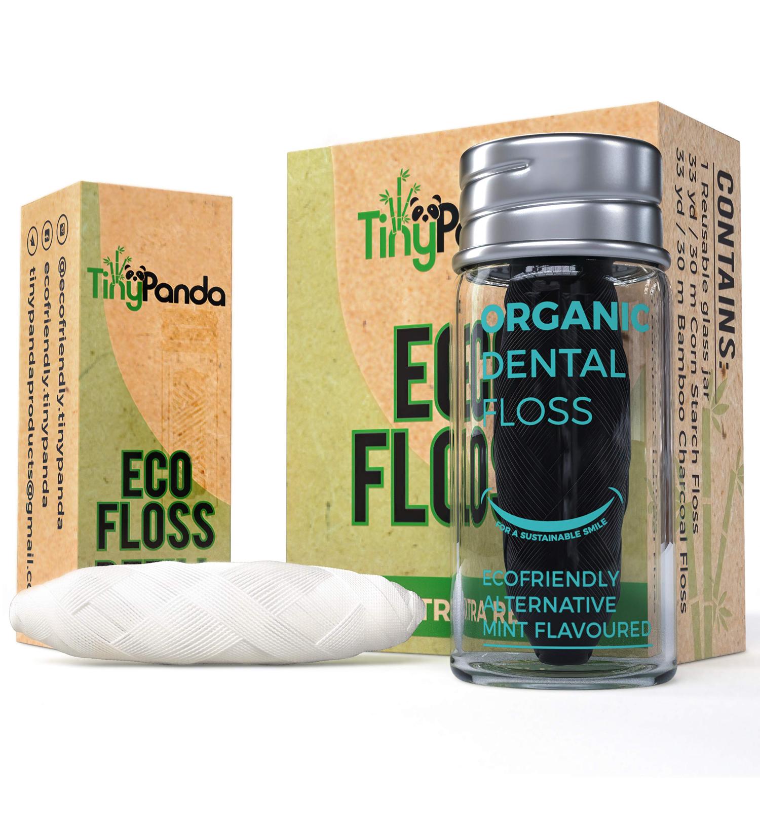Eco-Friendly Dental Floss | Bamboo Charcoal | Refillable Glass Holder & Vegan Corn Starch Refill | Zero Waste Mint Flavored Floss - Tiny Panda - Buy Online on GoSupps.com