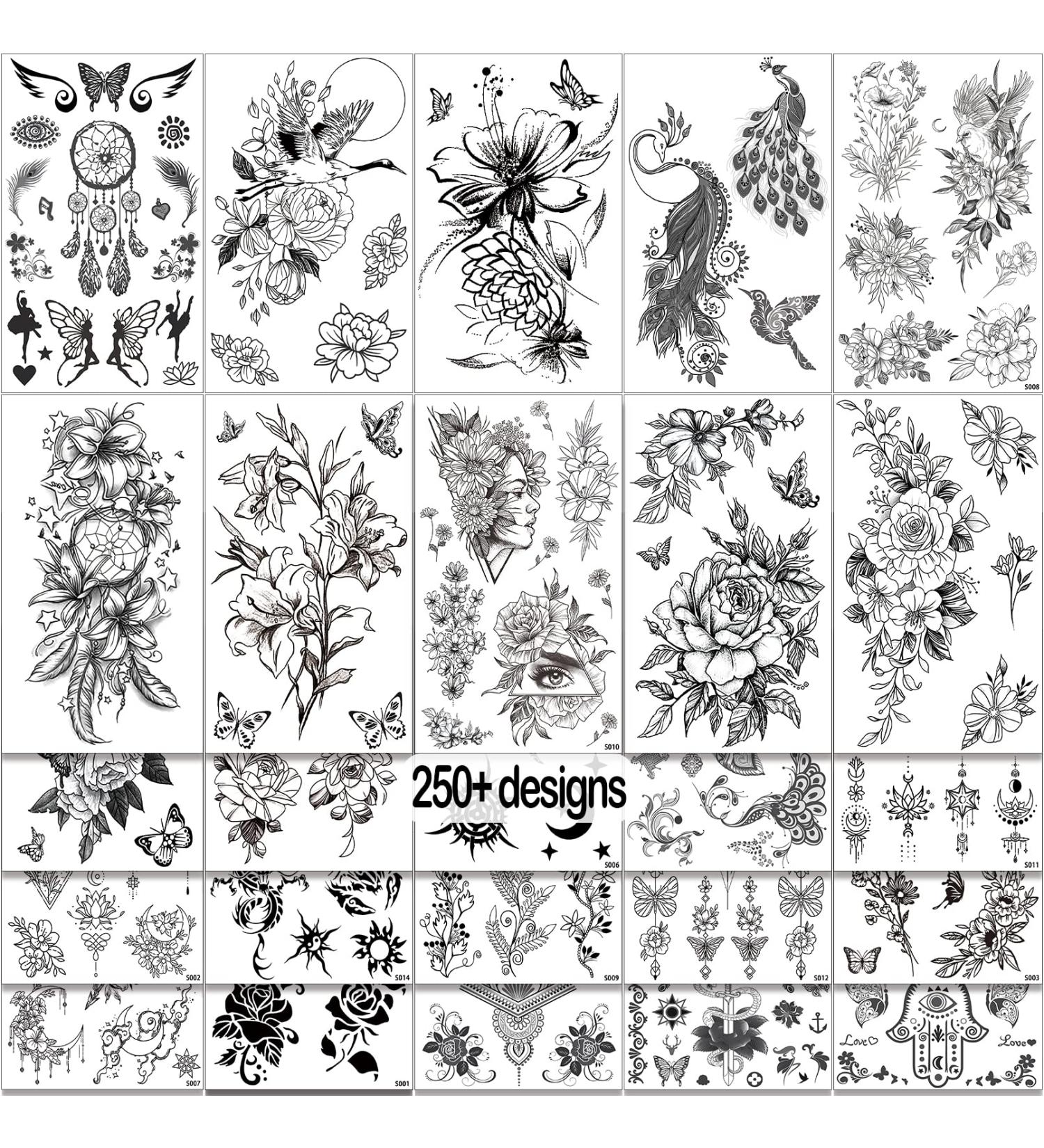 Black Flower Realistic Temporary Tattoos - 250pcs Waterproof Sexy Floral Fake Tattoos | Long-Lasting & Perfect Christmas Gift! - Buy Online on GoSupps.com