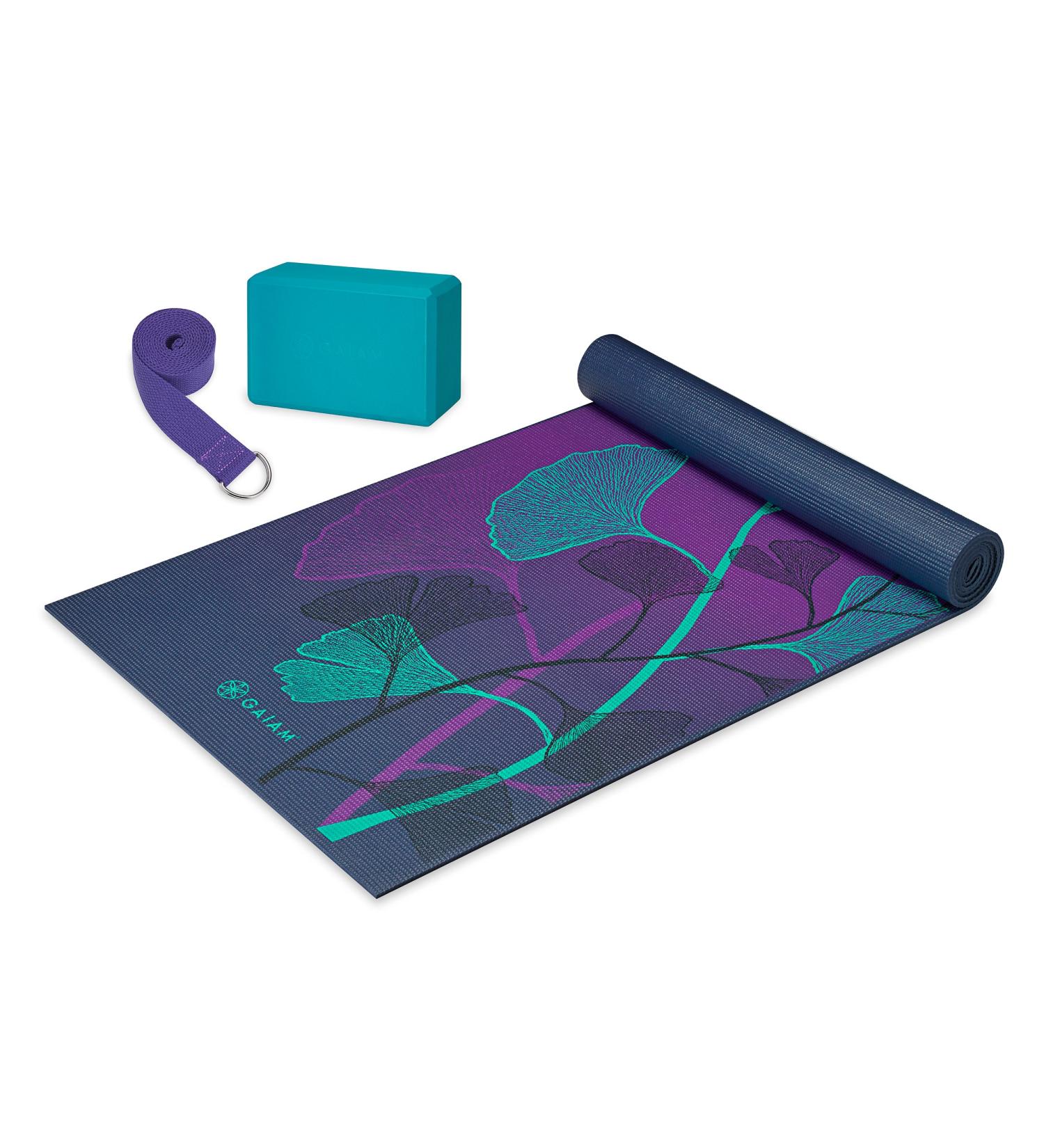 Gaiam Beginner's Yoga Starter Kit - 4mm Thick Printed Non-Slip Mat with Yoga Block and Strap - Lily Shadows Design - Buy Online on GoSupps.com