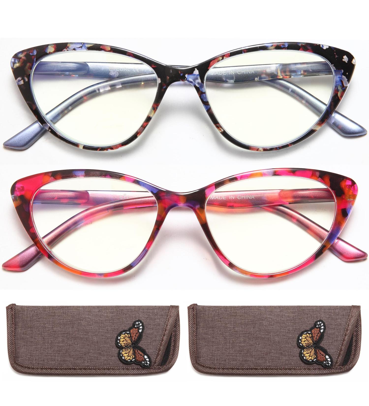 EYEURL Cat Eye Reading Glasses for Women - Blue Light Blocking +1.50 Readers (2 Pack) with Stylish Purple/Pink Pattern Design - Perfect for Computer Use - Buy Online on GoSupps.com