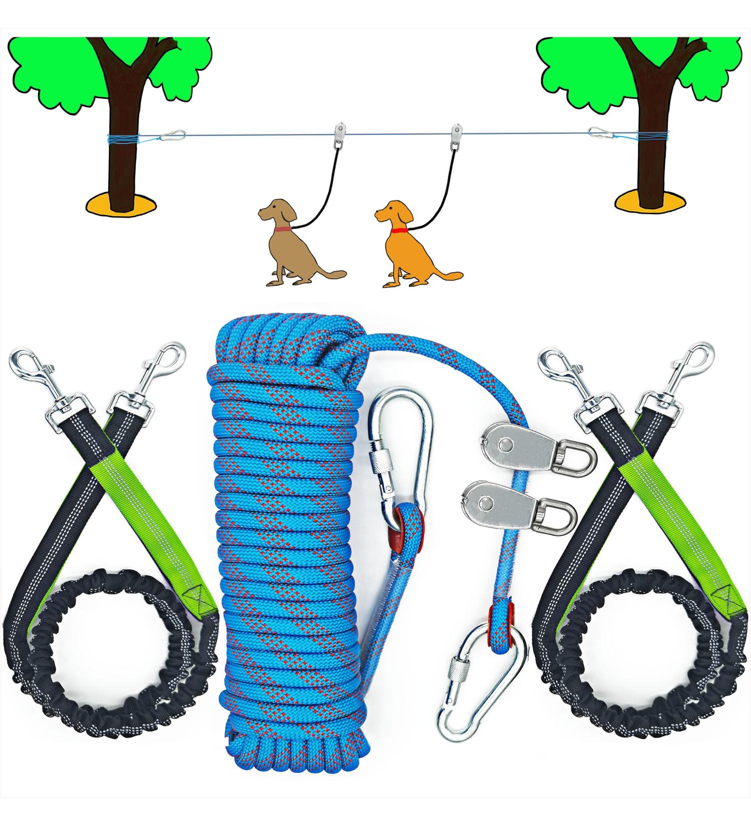 ZENGSUSU Dog Tie Out Cable 50ft for Two Dogs Dog Runner Cable with Two 4ft Bungee Bindings Dog Lead Line Holds up to 300 lbs for Yard and Park 50ft for two dogs-10mm - Buy Online on GoSupps.com