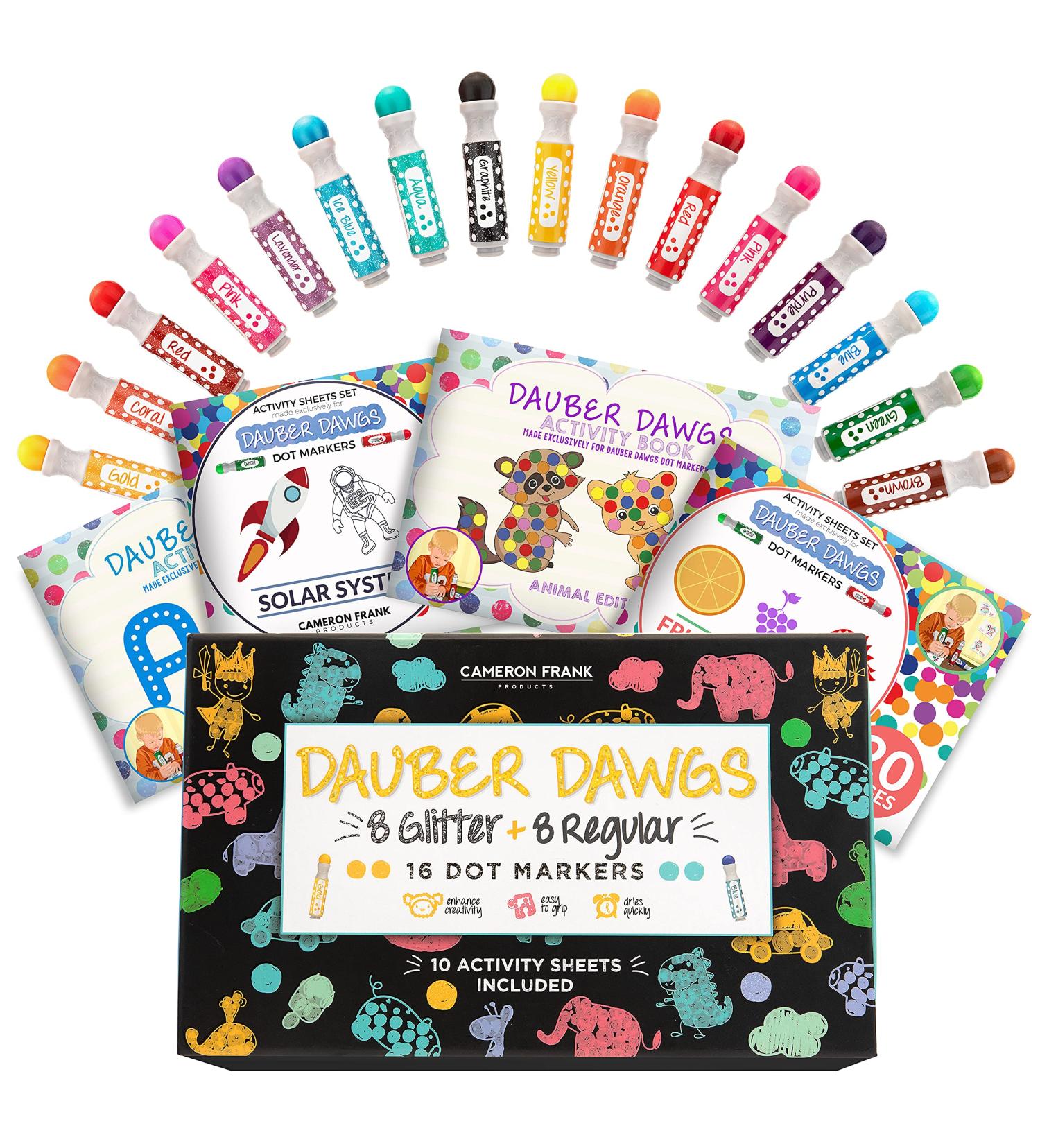 Washable Dot Markers 16 Pack with Activity Sheets - Kids Arts & Crafts Kit with Glitter - Toddler & Preschool Supplies - Buy Online on GoSupps.com