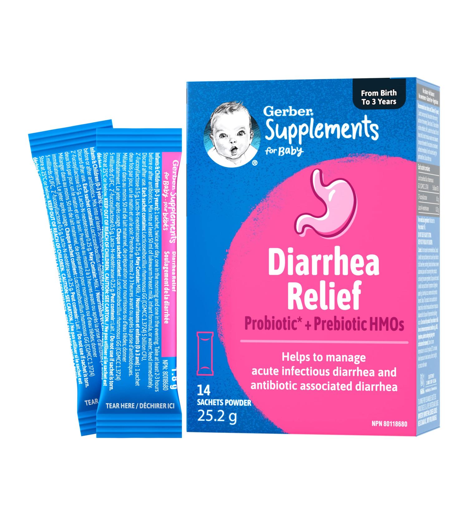 Gerber Supplements for Baby Diarrhea Relief 0-3 Yrs Baby Diarrhea Relief Acute Infectious Diarrhea & Antibiotic-associated Diarrhea Probiotic & Prebiotic HMOs Gluten-Free Sachets - Buy Online on GoSupps.com