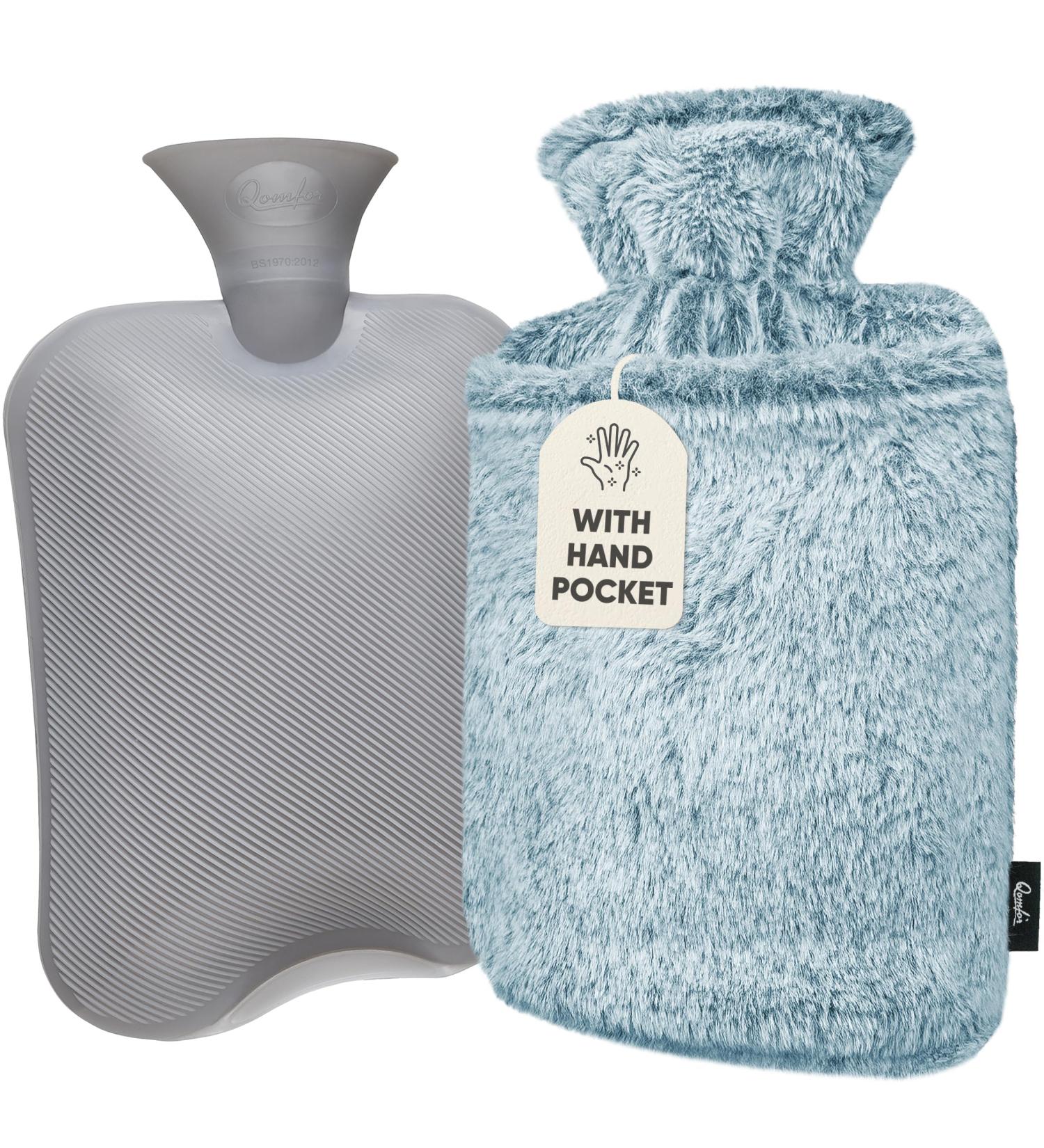 Qomfor Premium Hot Water Bottle with Fluffy Faux Fur Cover - 1.8L Large - Green | Pain Relief for Neck, Shoulders, Hands, and Feet - Buy Online on GoSupps.com