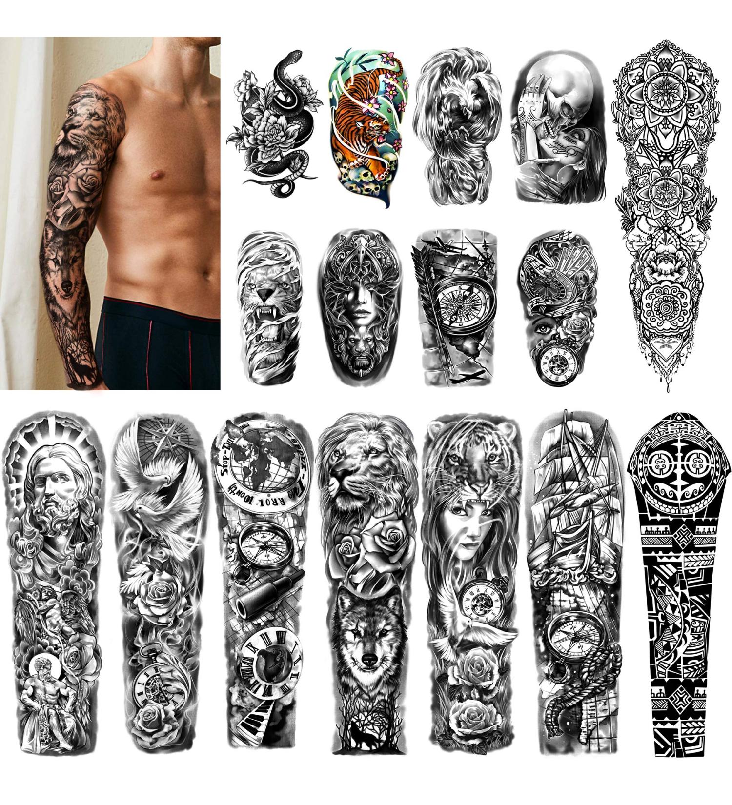 Waterproof Full Arm Temporary Tattoos 8 Sheets + Half Arm Shoulder Tattoo 8 Sheets - Extra Large Lasting Tattoo Stickers for Men and Women | 22.83X7.1 - Buy Online on GoSupps.com