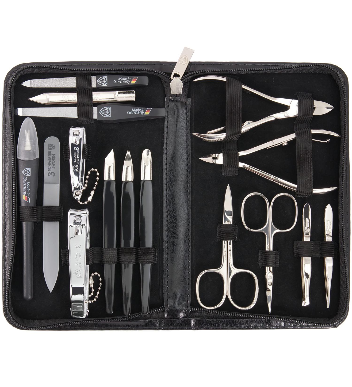 Three Swords 16 pcs Manicure Pedicure Set 'Cinisello' - High-Quality Synthetic Leather Nail Case for Hand & Foot Care - Black - Buy Online on GoSupps.com