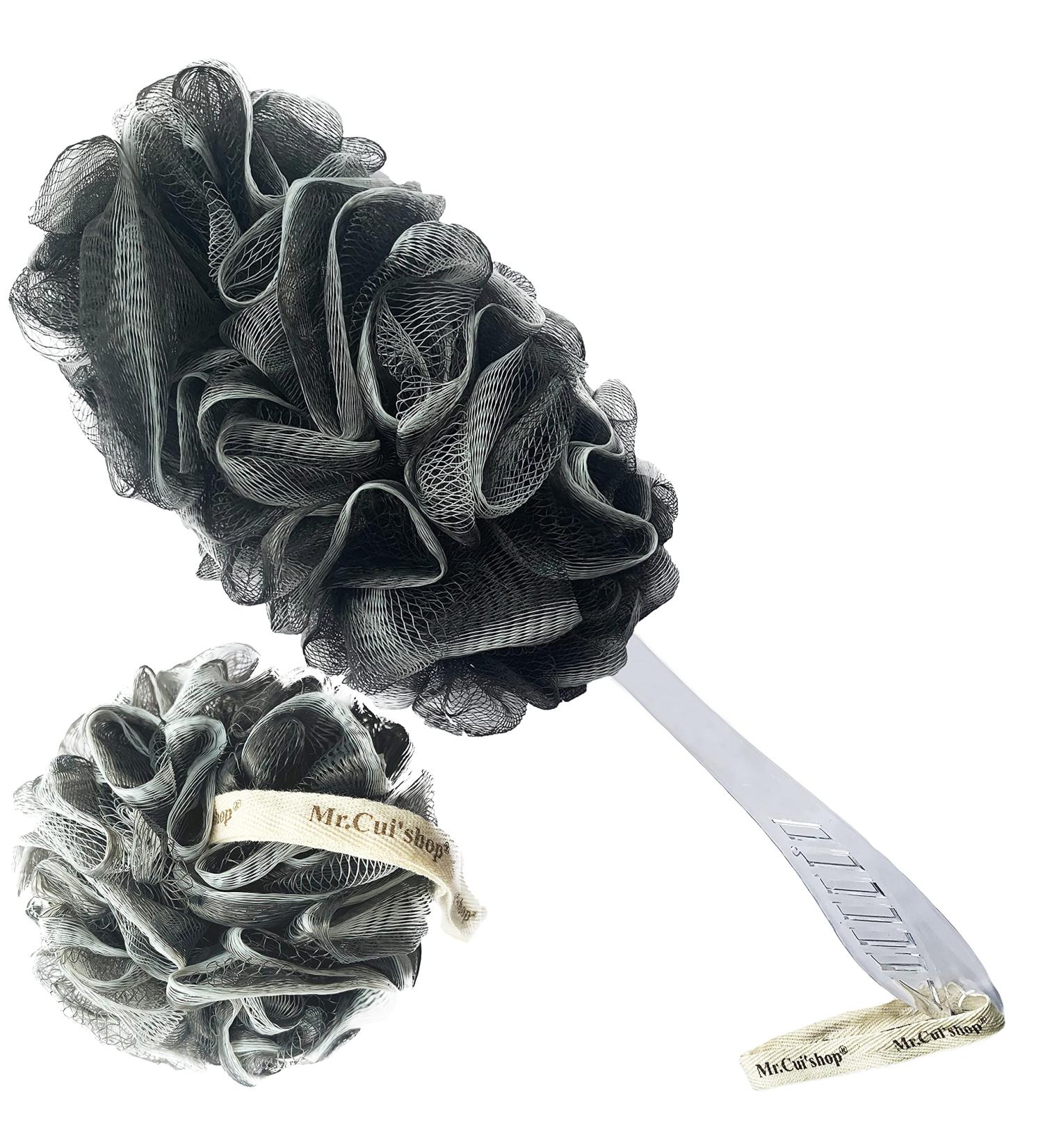 2-Piece Bamboo Charcoal Exfoliating Loofah Bath Back Brush Set - Long Handle Ergonomic Design for Men and Women - Includes Body Scrubber and Mesh Pouf - Buy Online on GoSupps.com
