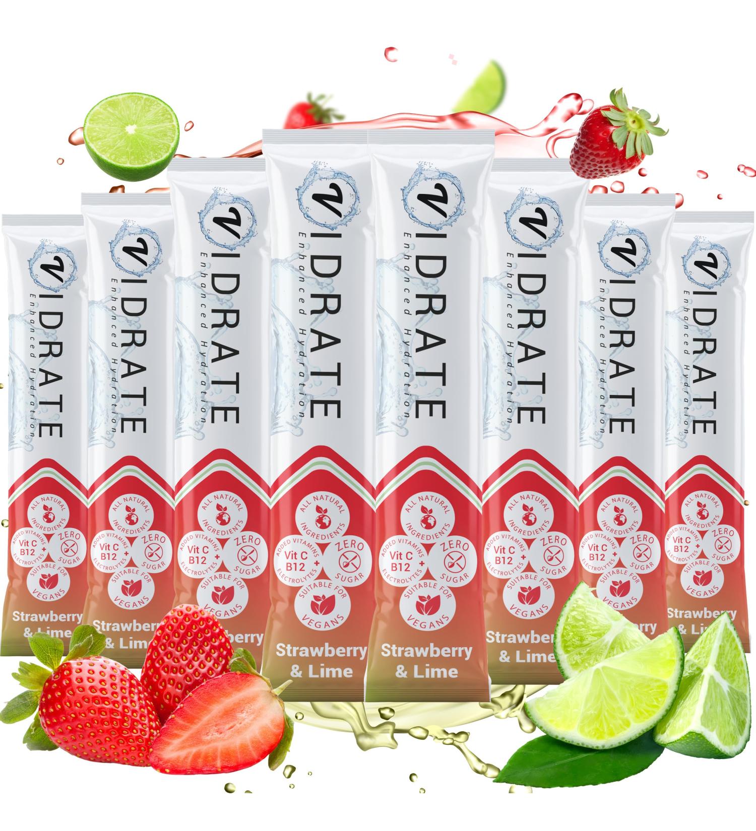 ViDrate Strawberry & Lime Sugar Free Electrolyte Powder - 8 x 3g Sachets | Vegan Friendly Hydration Sachets - 8 Count - Buy Online on GoSupps.com