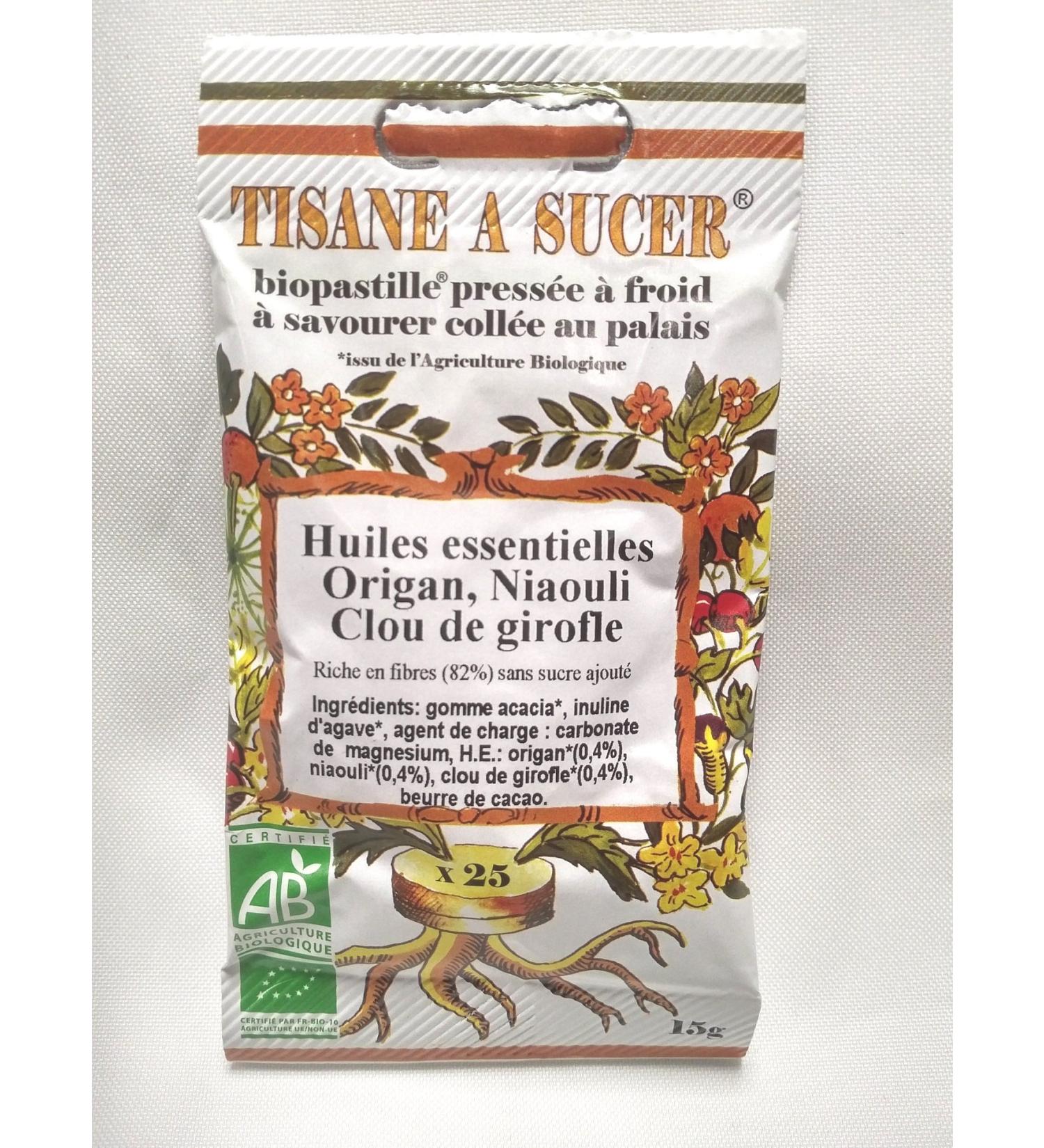 Bio Pastilles Tisane Sucer Huiles Essentielles Origan Niaouli Girofle Bio - 15g - 25 pastilles