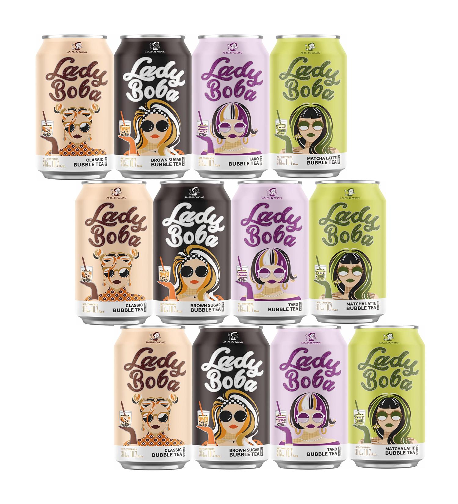 (Pack of 12) Lady Boba Milk Bubble Tea with Boba Pearls in a Can (10.7oz/can) - Assorted Flavors - Ready To Drink Beverage - Buy Online on GoSupps.com