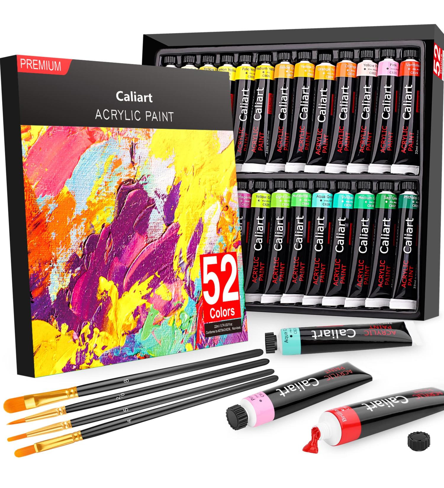 Caliart Acrylic Paint Set - 52 Vivid Colors with 4 Brushes | Halloween Decorations, Canvas, Ceramic, Rock Painting Kits | 22ml/0.74oz - Buy Online on GoSupps.com