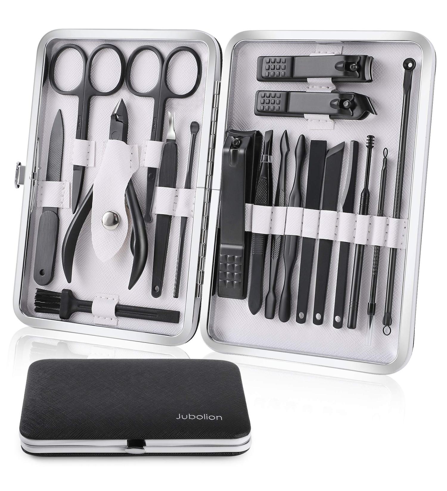Jubolion 19pcs Stainless Steel Manicure Set with Leather Case - Professional Nail Clippers and Pedicure Kit for Men and Women, Perfect for Home and Travel - Buy Online on GoSupps.com